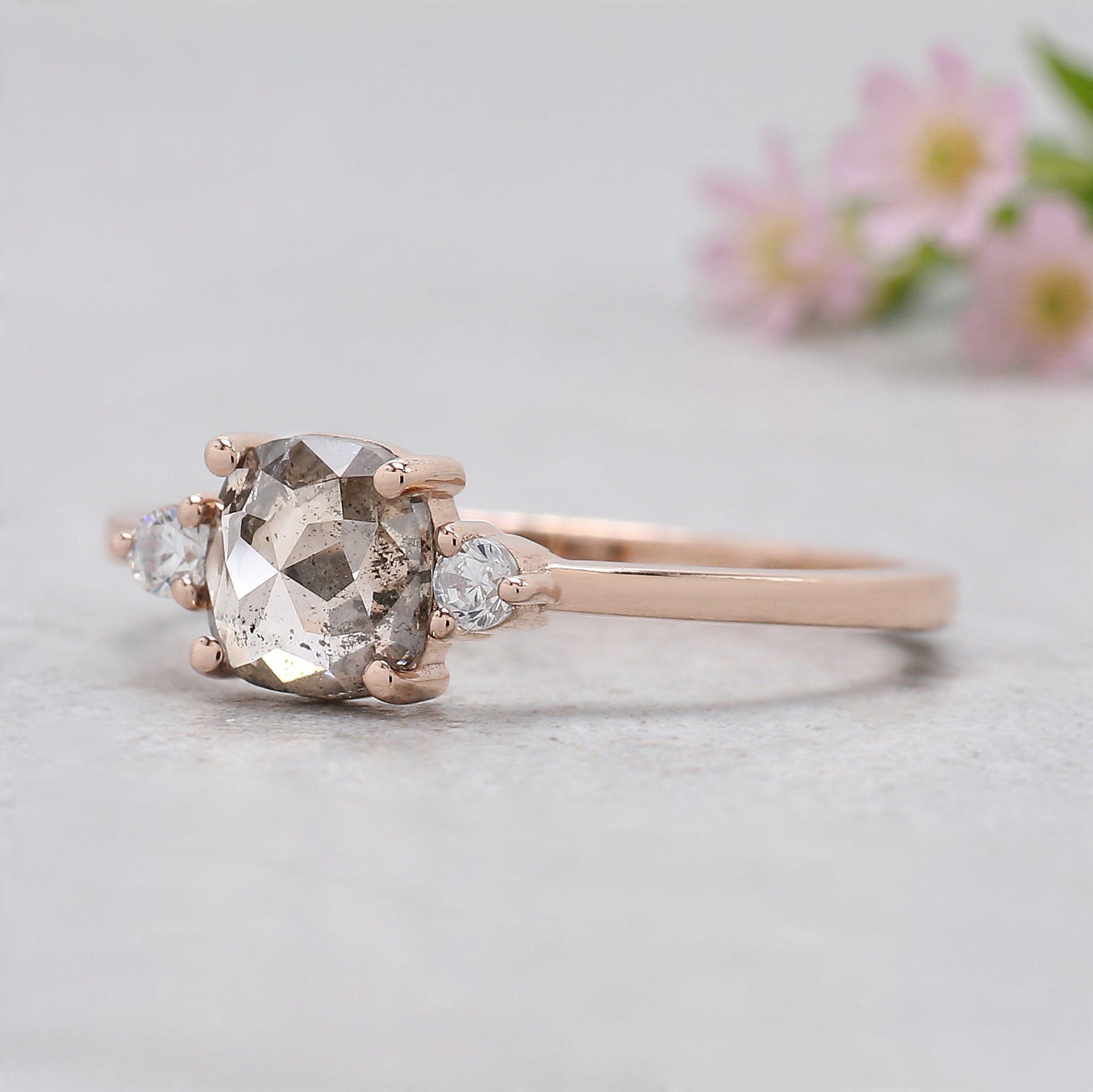 Cushion Cut Salt and Pepper Diamond Ring Natural Diamond Engagement Ring 14K Rose Gold Silver Rustic Unique Bridal Ring Gift for Her KDL533