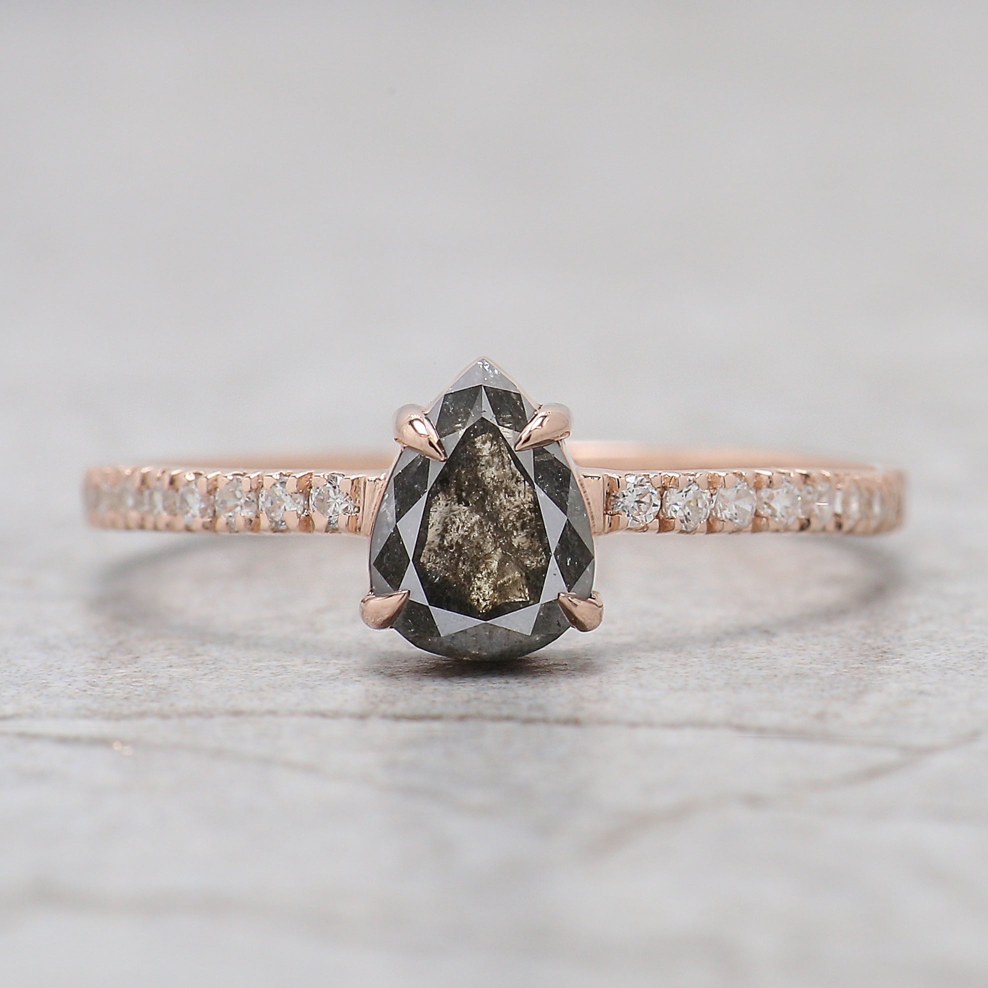 Pear Cut Salt And Pepper Diamond Ring 0.74 Ct 6.73 MM Pear Cut Diamond Ring 14K Solid Rose Gold Silver Engagement Ring Gift For Her KDL2936