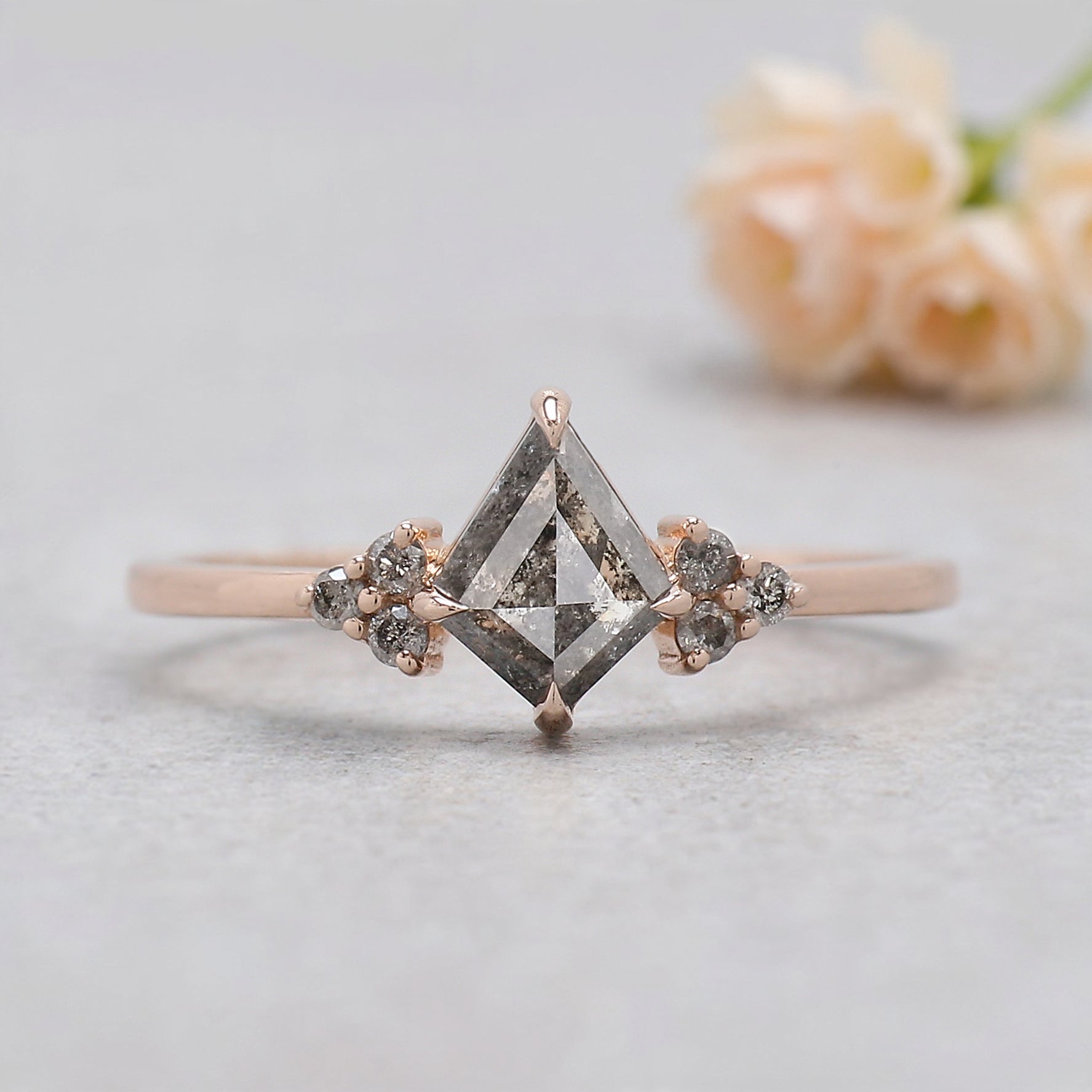 Kite Cut Salt And Pepper Diamond Ring 0.60 Ct 7.20 MM Kite Diamond Ring 14K Solid Rose Gold Silver Engagement Ring Set Gift For Her KDN2095