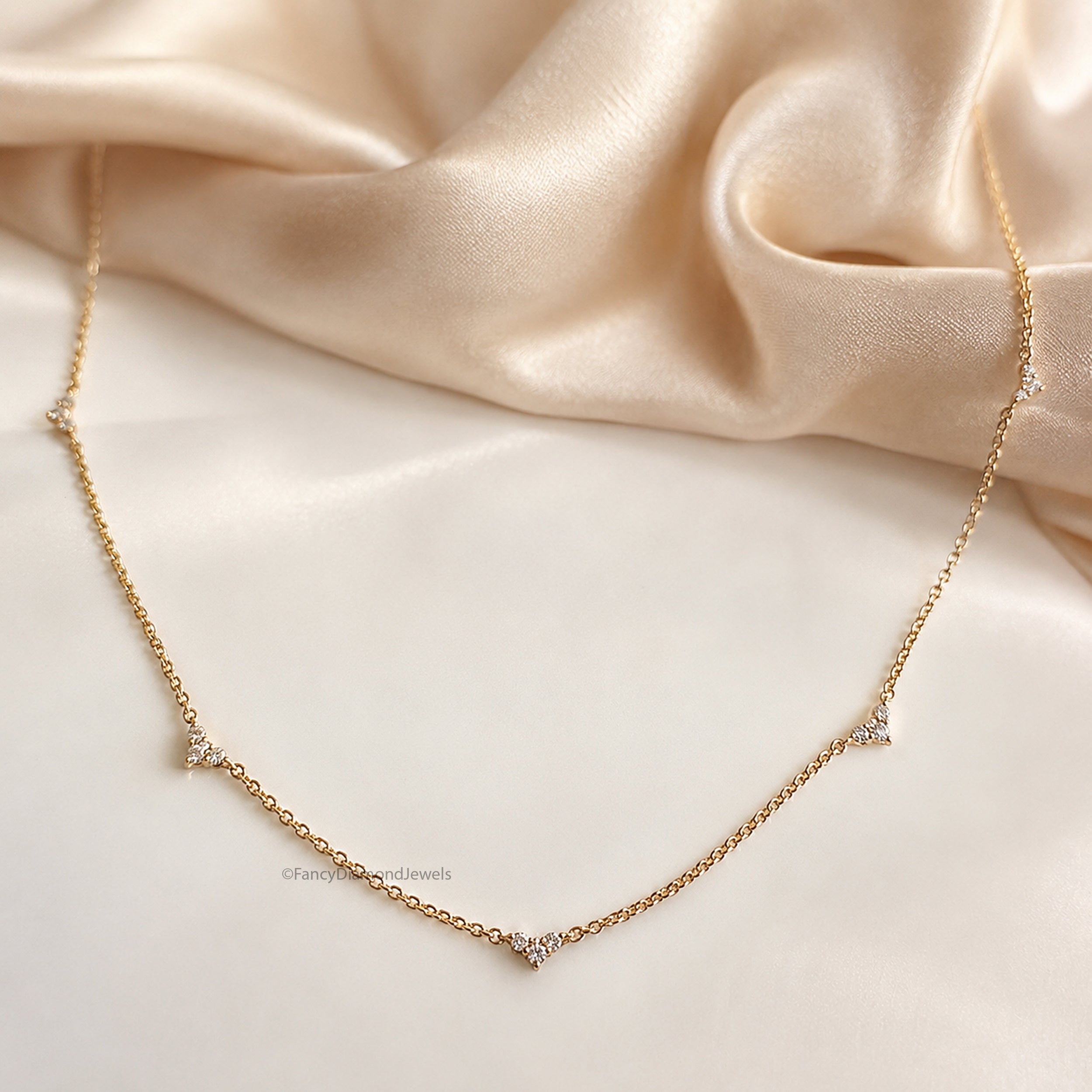 18K Solid Gold Diamond Triangle Cluster Necklace, Adjustable Station Chain Lab Grown Diamond, Gold Attached Diamond Solitaire Necklace FD566