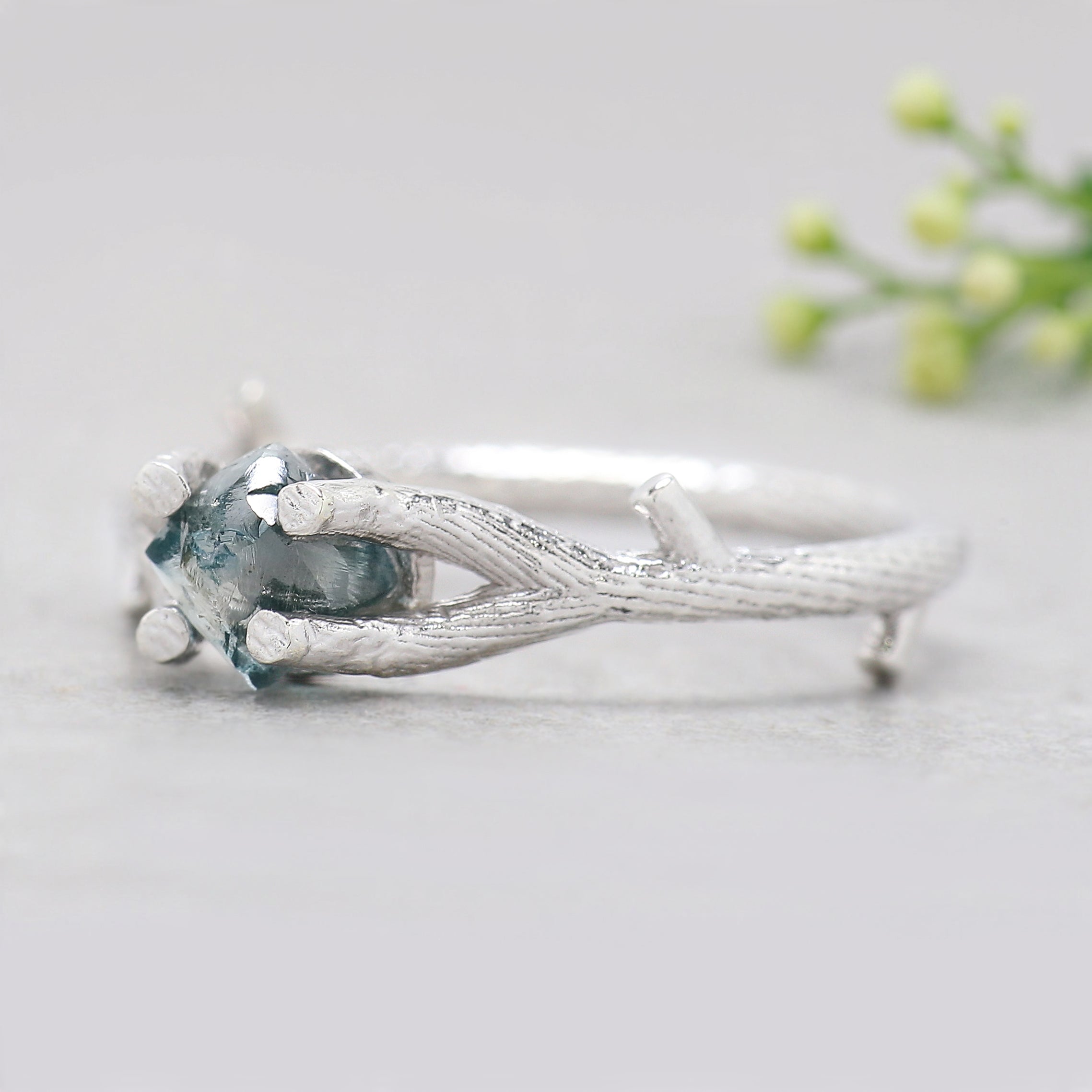 Rough Blue Color Diamond Ring 0.94 Ct 5.73 MM Crystal Rough Diamond Ring 14K Solid White Gold Silver Engagement Ring Gift For Her QL2360