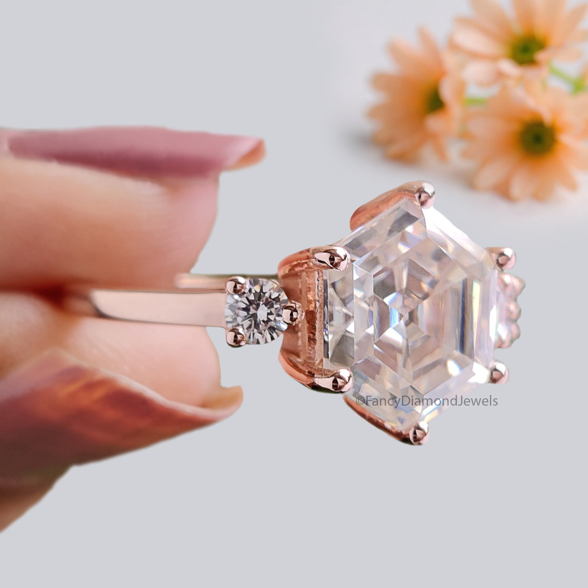 2.95 CTW Antique Hexagon Cut Moissanite Engagement Ring Rose Gold Four Stone Ring Engagement Ring Delicate Wedding Bridal Ring FD235