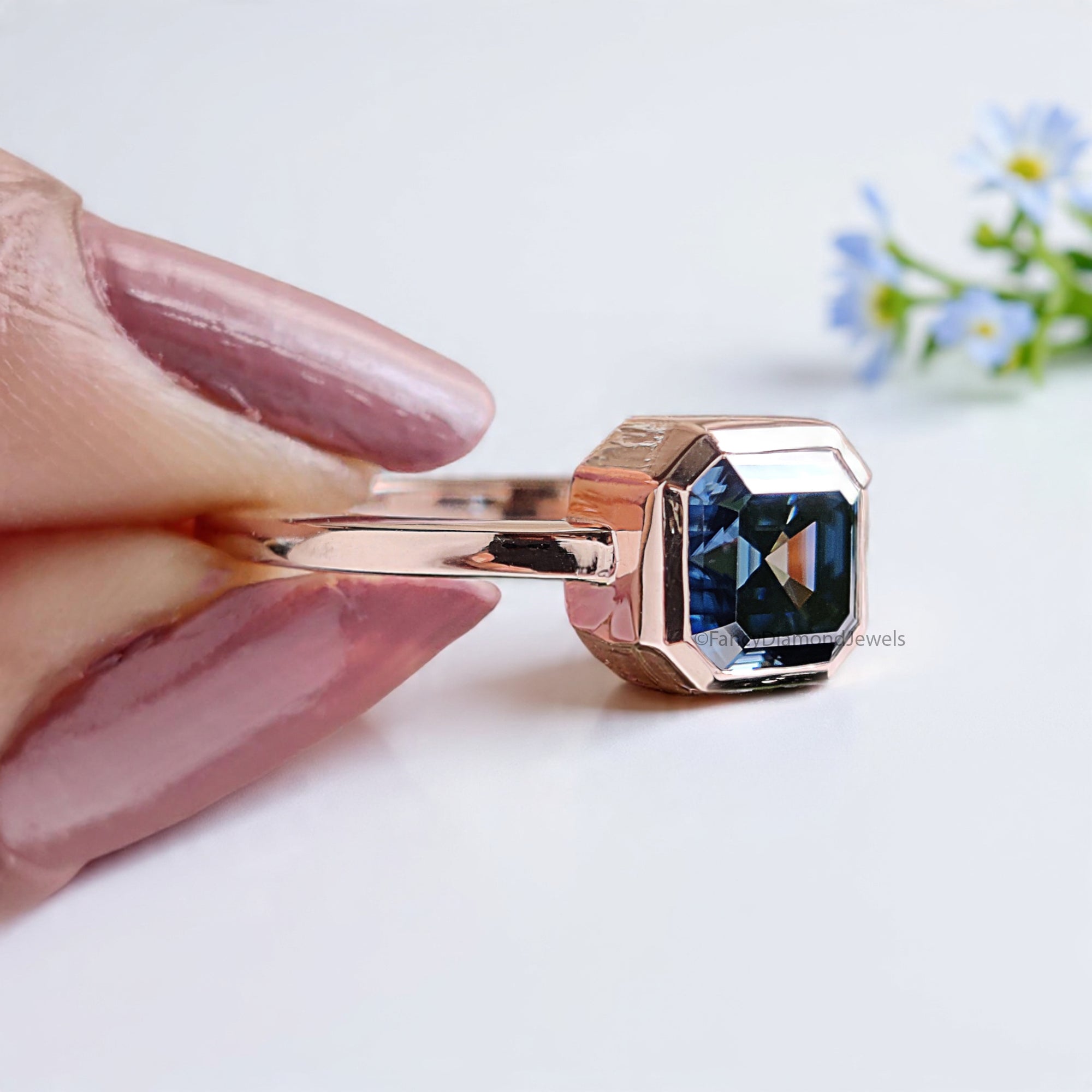 1.20 CT Radiant Moissanite Royal Blue Moissanite Ring Solitaire Engagement Ring Bezel Set Ring Rose Gold Ring Comfort Fit Ring For Her FD222