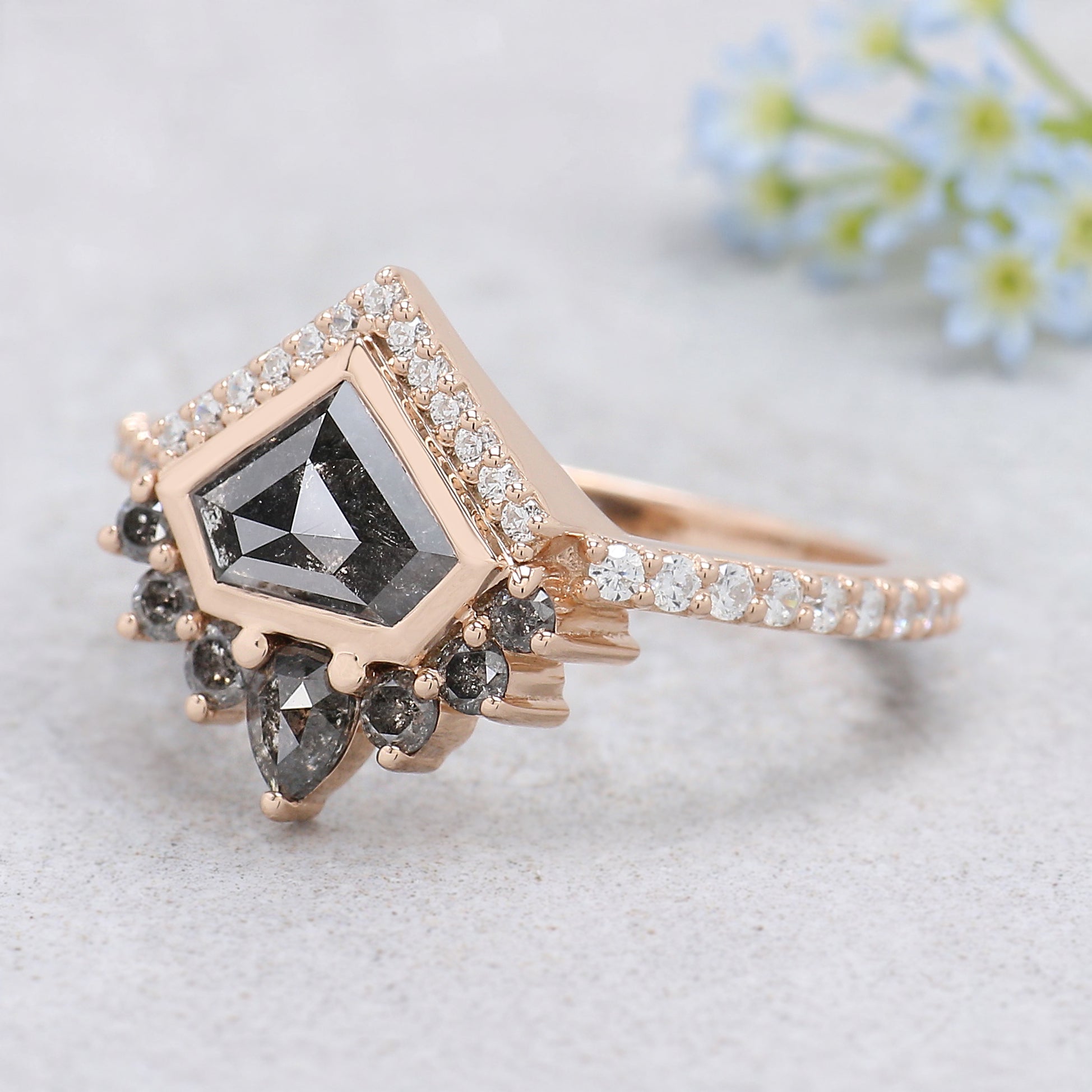 0.90 Ct Natural Shield Shape Salt And Pepper Diamond Ring 5.55 MM Shield Cut Diamond Ring 14K Solid Rose Gold Silver Engagement Ring KDN767