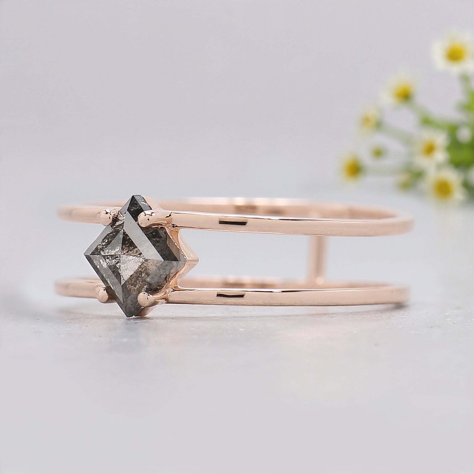 Kite Cut Salt and Pepper Diamond Ring, 14K Rose Gold Engagement Ring, Unique Diamond Ring, Minimalist Double Band Ring, Gift for Her KDK2572
