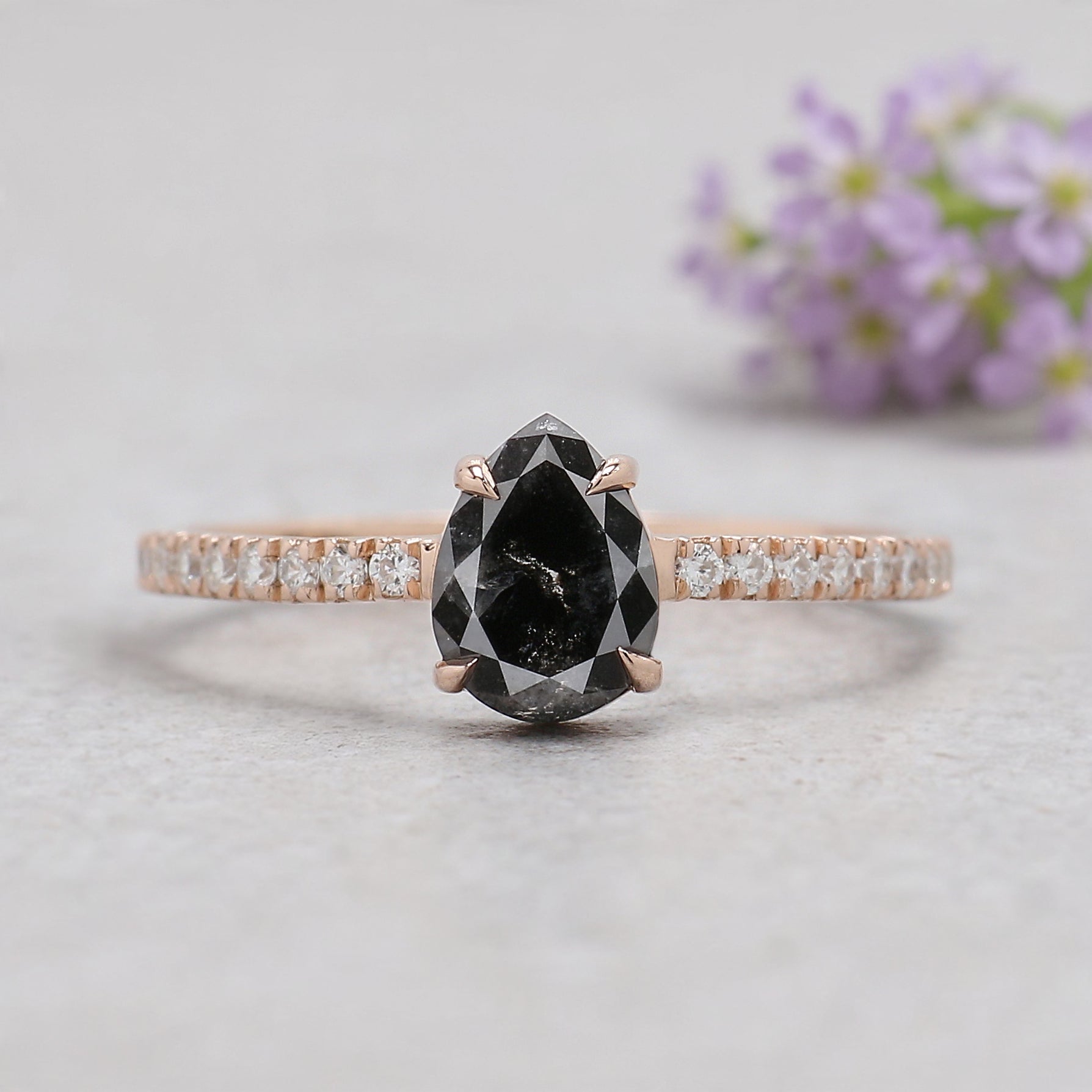 Pear Cut Salt And Pepper Diamond Ring 0.74 Ct 6.99 MM Pear Diamond Ring 14K Solid Rose Gold Silver Pear Engagement Ring Gift For Her KDL3006