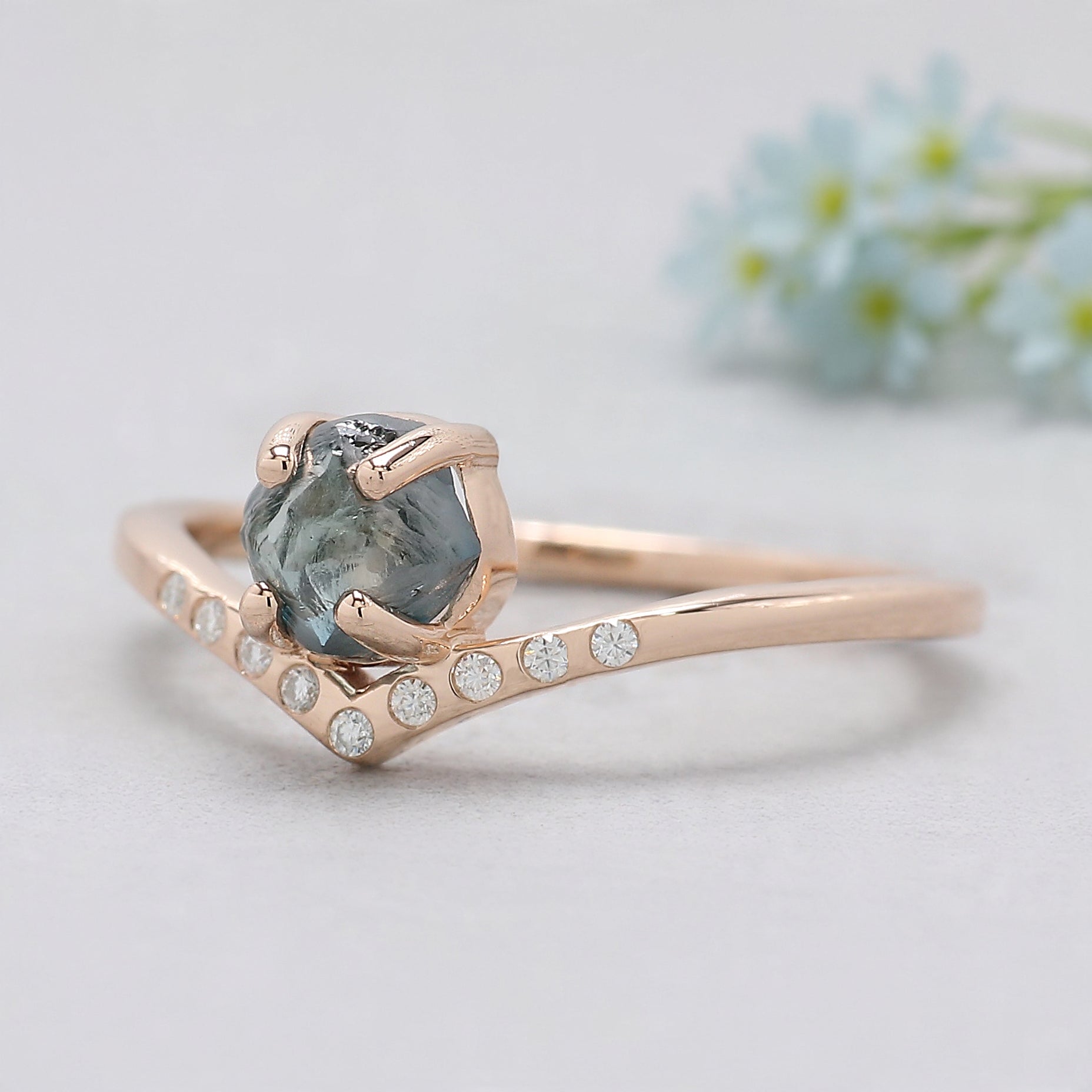 0.97 Ct Natural Rough Cut Blue Color Diamond Ring 5.65 MM Crystal Rough Diamond Ring 14K Solid Rose Gold Silver Engagement Ring QL2347