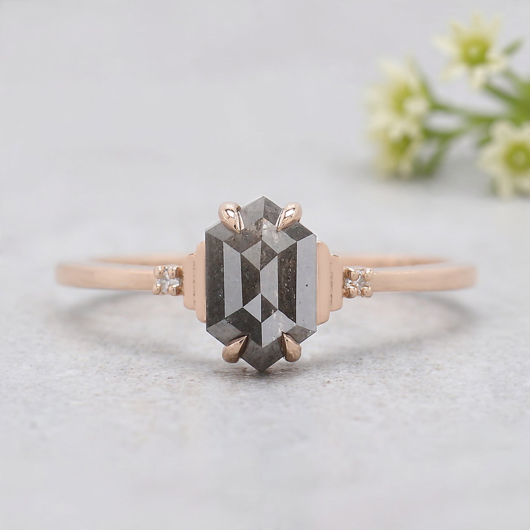 1.06 Ct Natural Hexagon Salt And Pepper Diamond Ring 7.70 MM Hexagon Cut Diamond Ring 14K Solid Rose Gold Silver Engagement Ring Set KDN7118