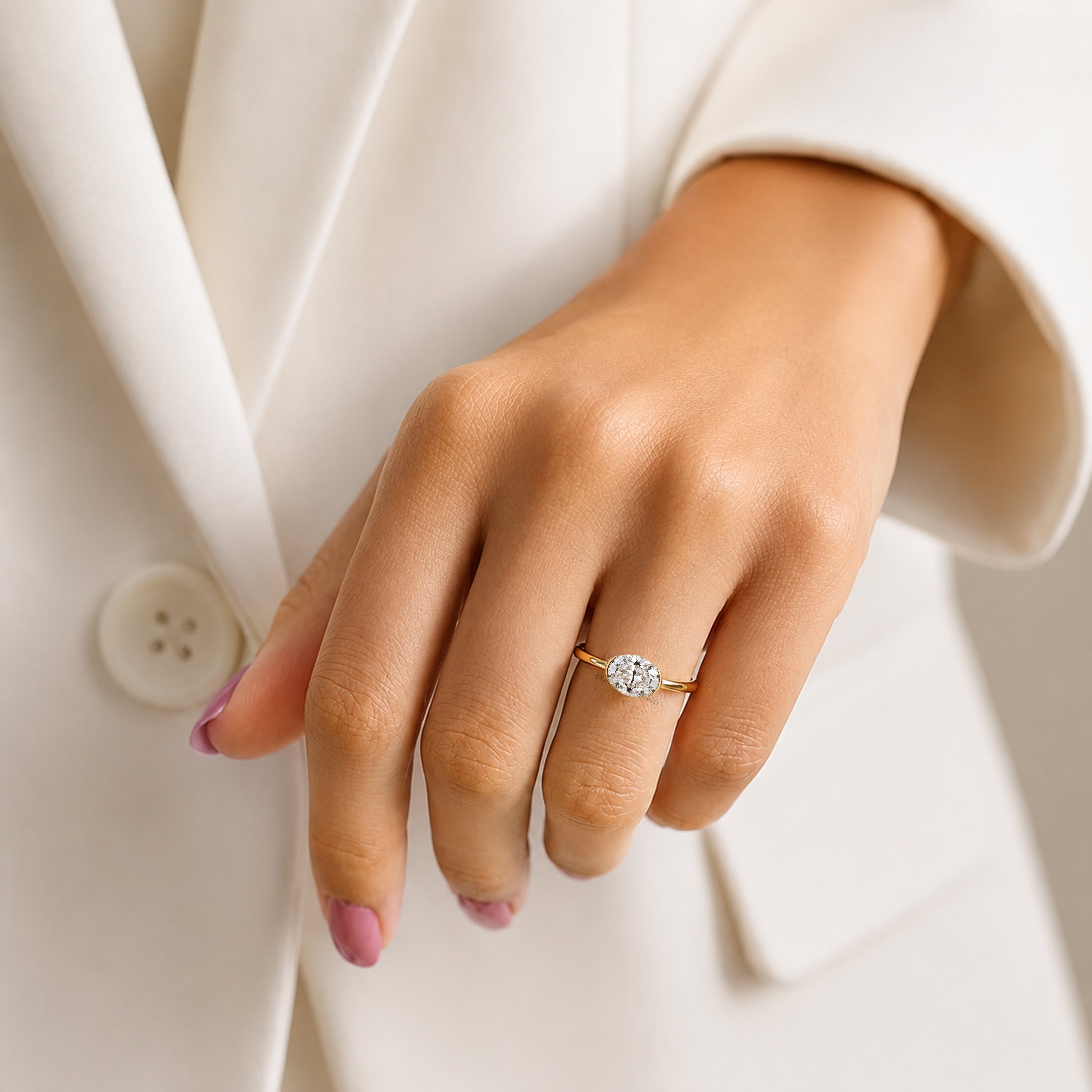 Oval Shape Lab Grown Diamond Half Bezel Ring Solid Gold, Thin Dainty Ring, Oval Diamond Pinky Ring, Minimal Wedding Band Gift For Her FD564