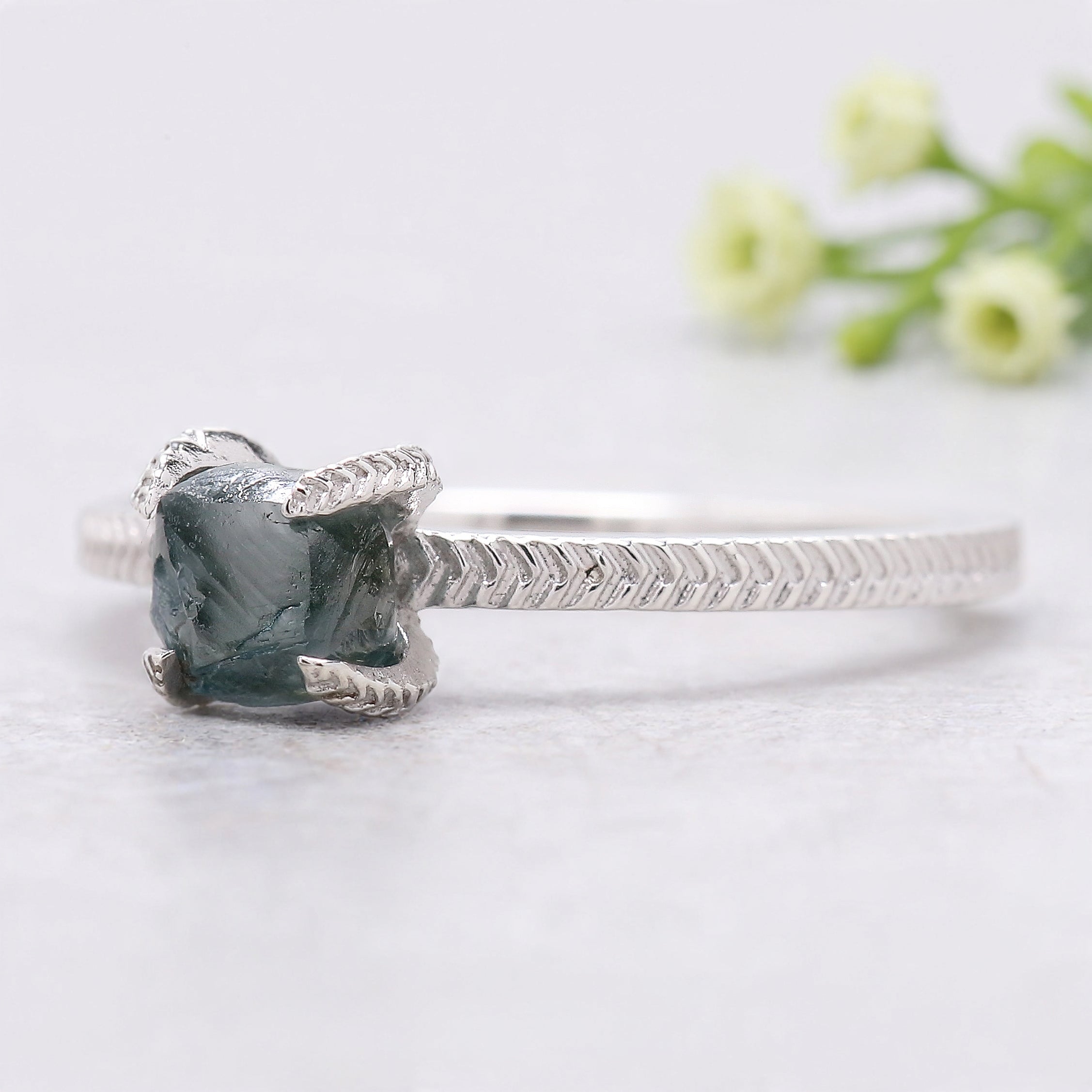 Rough Blue Color Diamond Ring 1.11 Ct 5.85 MM Crystal Rough Diamond Ring 14K Solid White Gold Silver Engagement Ring Gift For Her QL2358