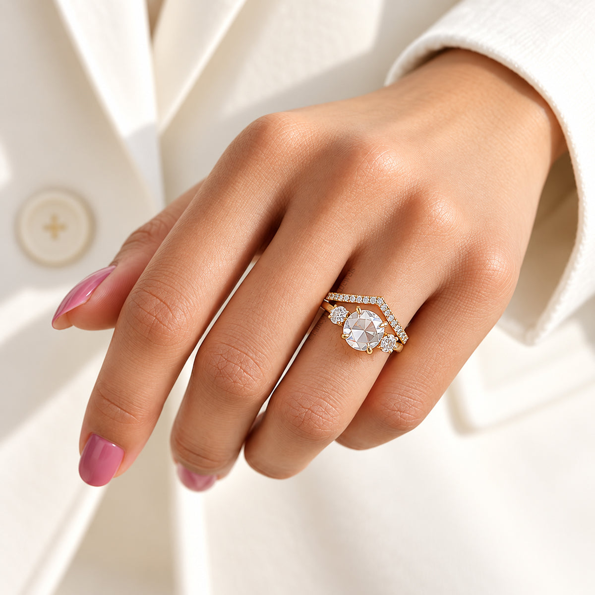 1.50 CT Round Rose Cut Engagement Ring Set In Solid Yellow 10K/14k/18k Gold Round Solitaire Engagement Ring Bridal Wedding Ring Set FD609