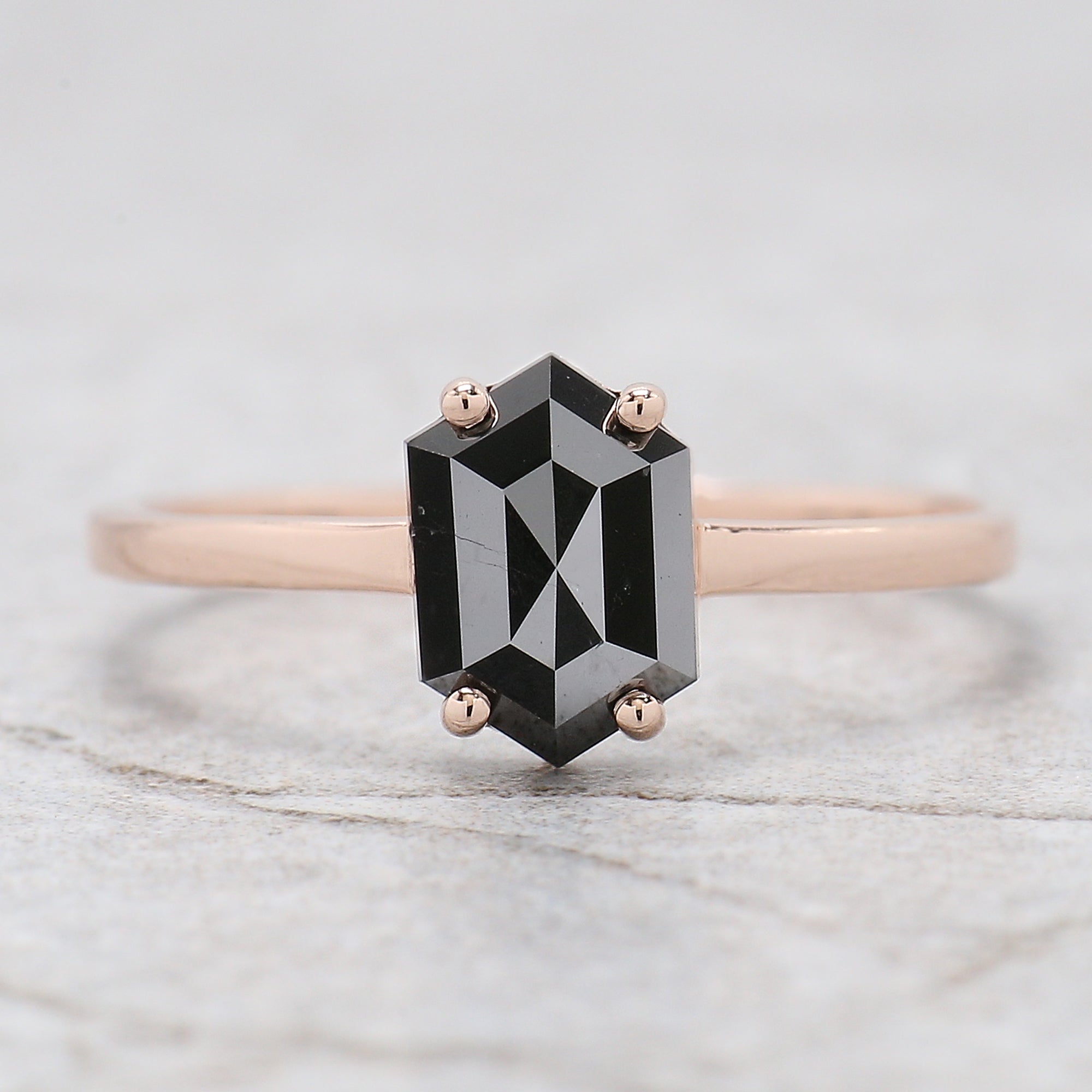 1.13 Ct Natural Hexagon Shape Black Color Diamond Ring 7.90 MM Hexagon Diamond Ring 14K Solid Rose Gold Silver Engagement Ring QL9082
