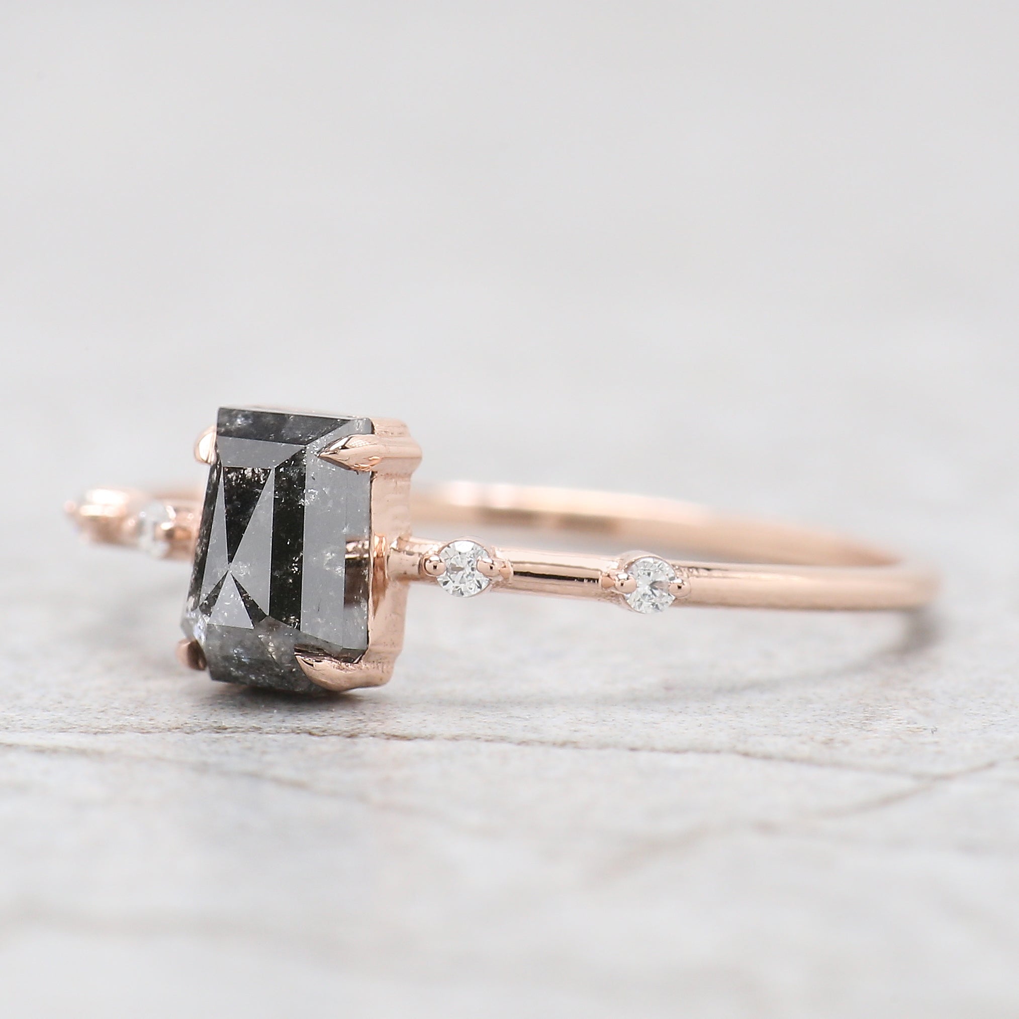 Coffin Cut Salt And Pepper Diamond Ring 0.87 Ct 6.00 MM Coffin Diamond Ring 14K Solid Rose Gold Silver Engagement Ring Gift For Her QN8841