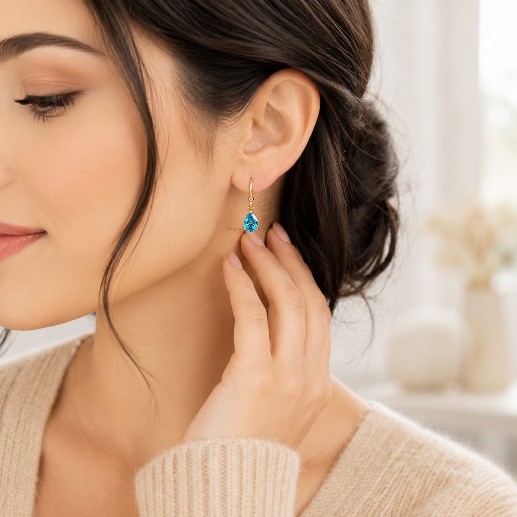 Pear Shape Topaz Blue CZ Droplet Drop Earrings in Sterling Silver, Wedding Earrings, Dainty Anniversary Gift For Her, Hook Earrings FD598
