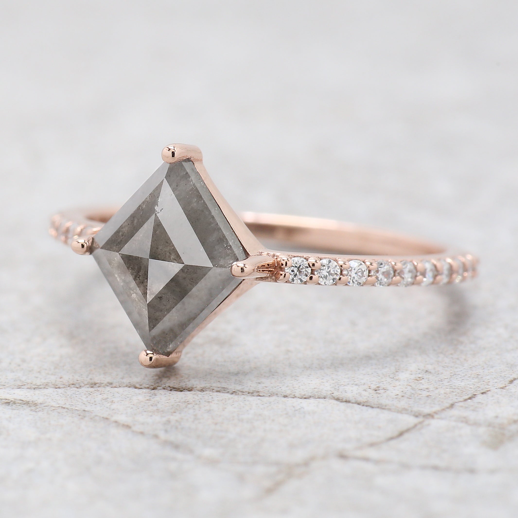 Kite Cut Salt And Pepper Diamond Ring 1.50 Ct 9.60 MM Kite Diamond Ring 14K Solid Rose Gold Silver Kite Engagement Ring Gift For Her QK2049