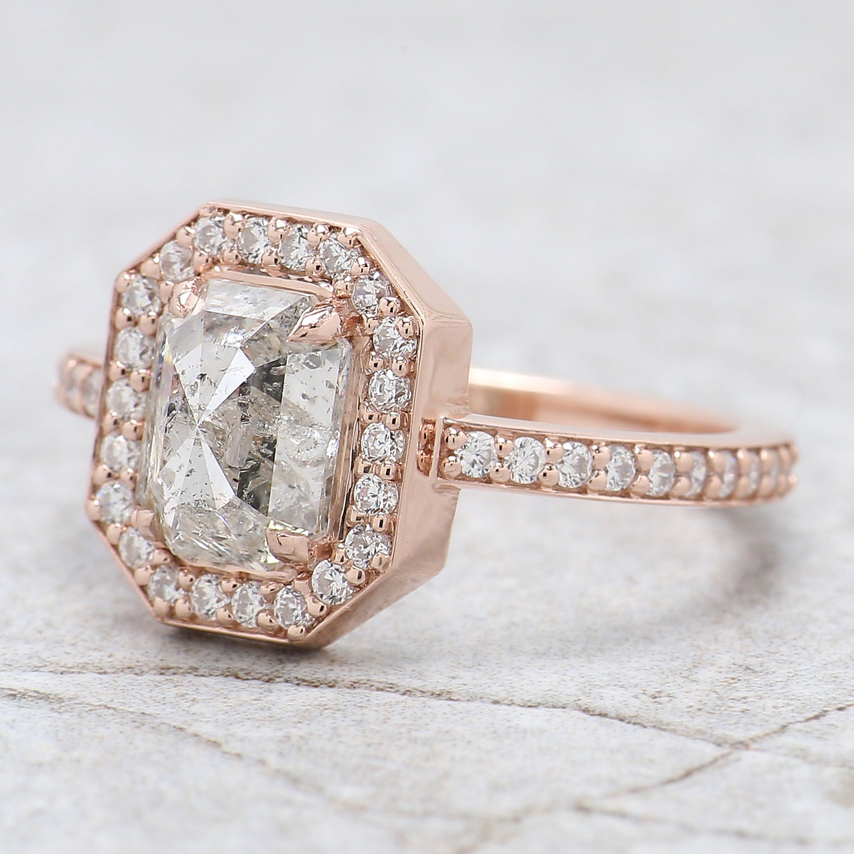 Emerald Cut Salt And Pepper Diamond Ring 1.57 Ct 7.28 MM Emerald Diamond Ring 14K Solid Rose Gold Silver Engagement Ring Gift For Her QL2584