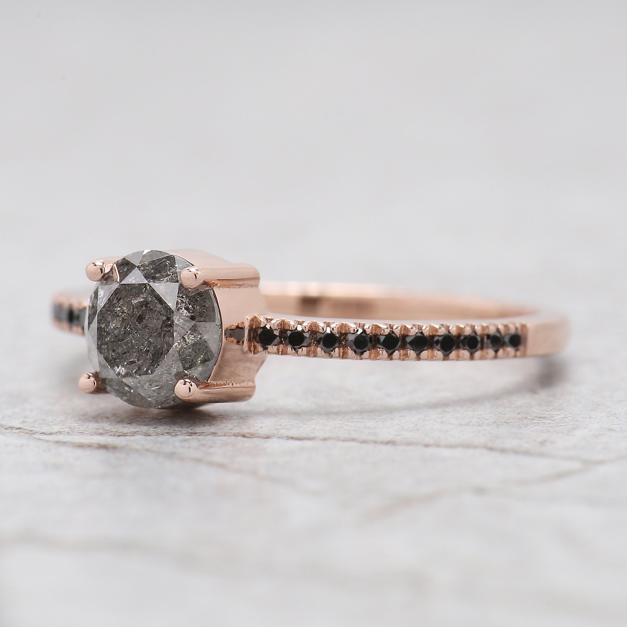Round Cut Salt And Pepper Diamond Ring 0.87 Ct 5.80 MM Round Diamond Ring 14K Solid Rose Gold Silver Engagement Ring Gift For Her QN9140