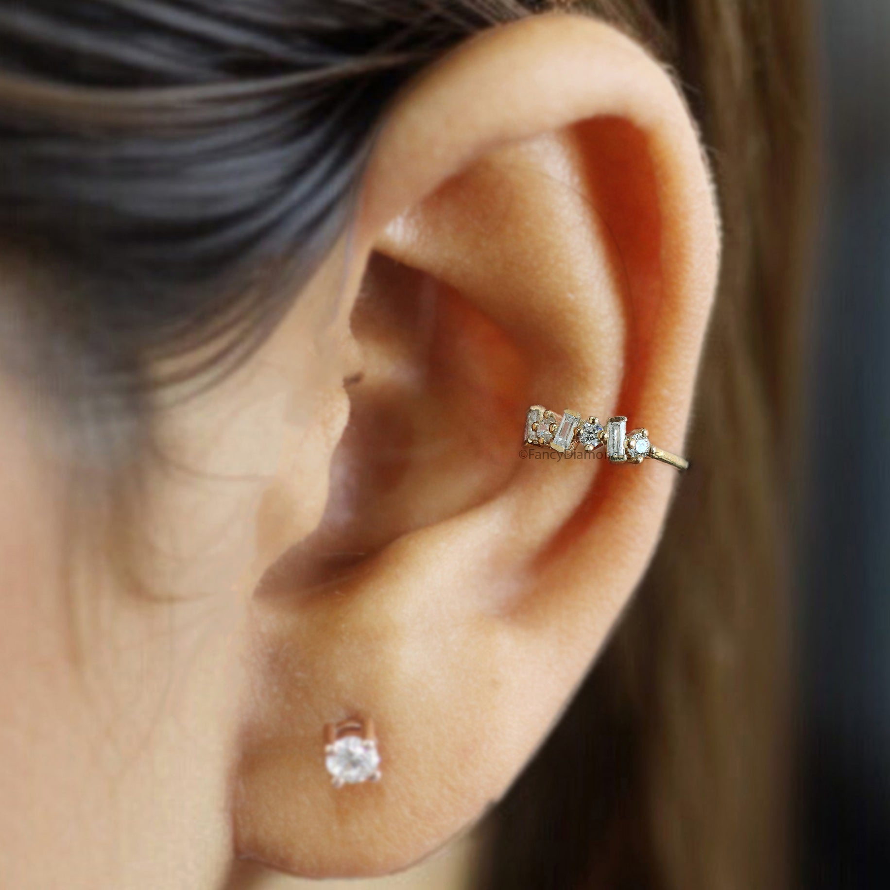 Dainty Baguette & Round Brilliant Cut Colorless Moissanite Diamond Ear Cuff Conch Ear Cuff Yellow Gold Ear Wrap FD329