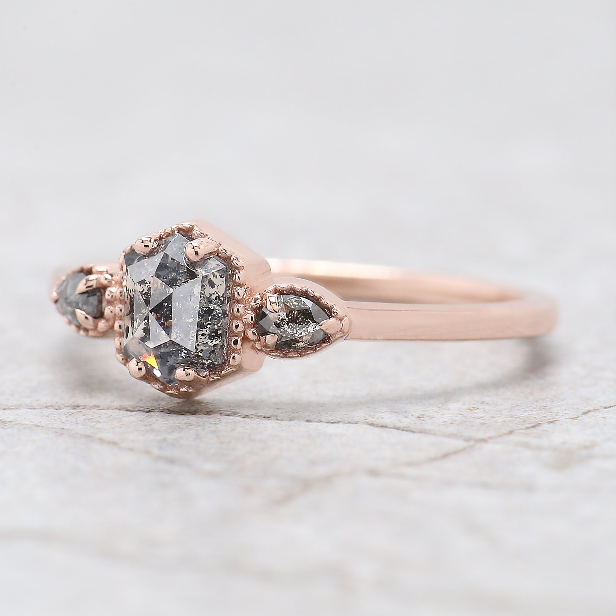 Hexagon Cut Salt And Pepper Diamond Ring 0.62 Ct 5.72 MM Hexagon Diamond Ring 14K Solid Rose Gold Silver Engagement Ring Gift For Her QK2593