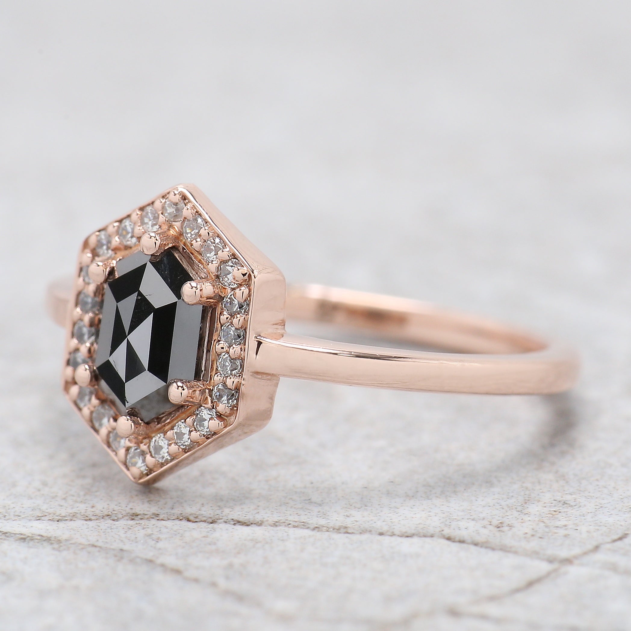 Hexagon Cut Black Color Diamond Ring 0.56 Ct 6.84 MM Hexagon Diamond Ring 14K Rose Gold Silver Hexagon Engagement Ring Gift For Her QN2233