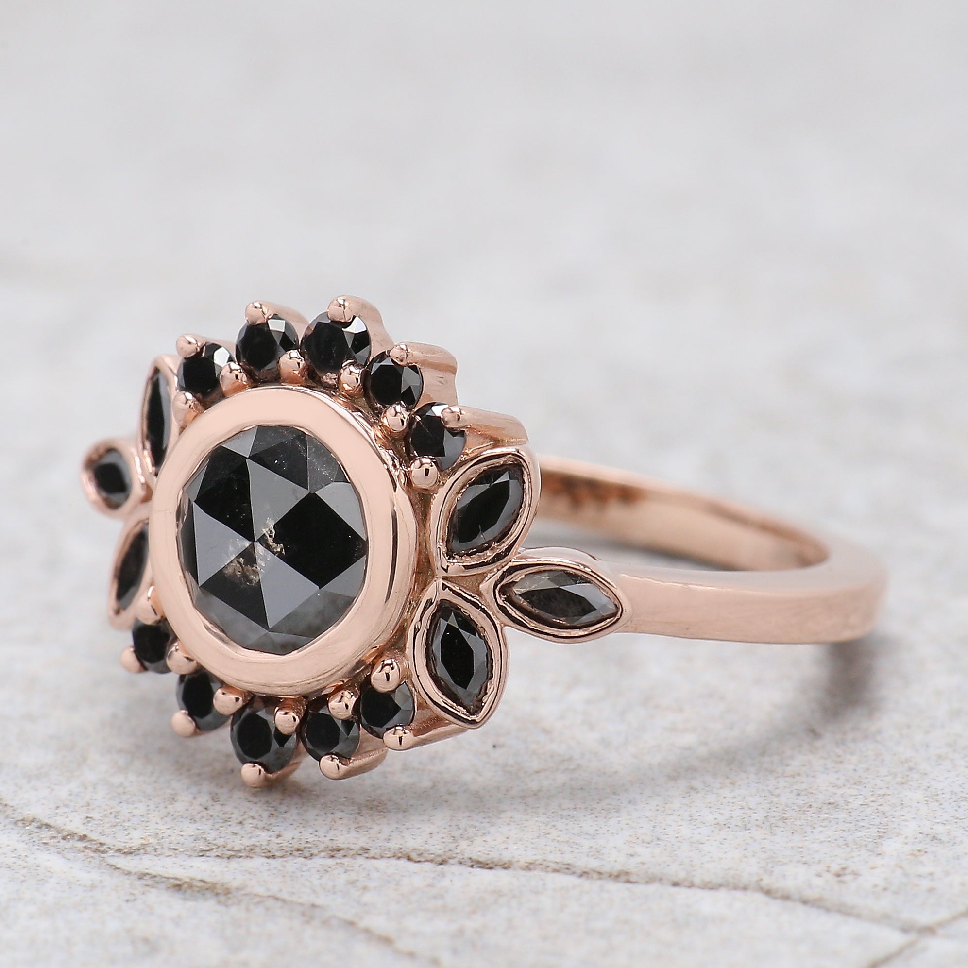 Round Rose Cut Black Color Diamond Ring 0.80 Ct 6.00 MM Rose Cut Diamond Ring 14K Solid Rose Gold Silver Engagement Ring Gift For Her QN9075