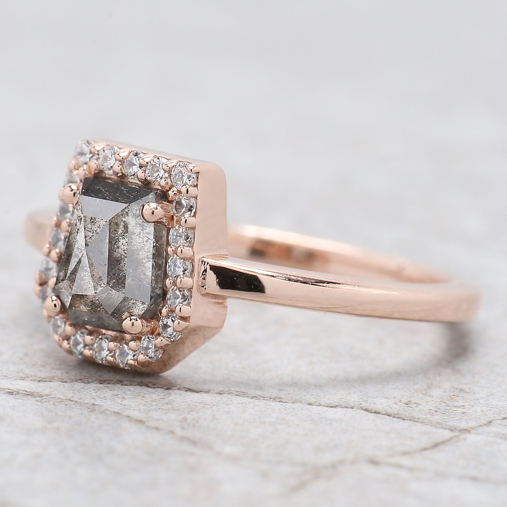 Coffin Cut Salt And Pepper Diamond Ring 0.96 Ct 6.25 MM Coffin Diamond Ring 14K Solid Rose Gold Silver Engagement Ring Gift For Her QN1097