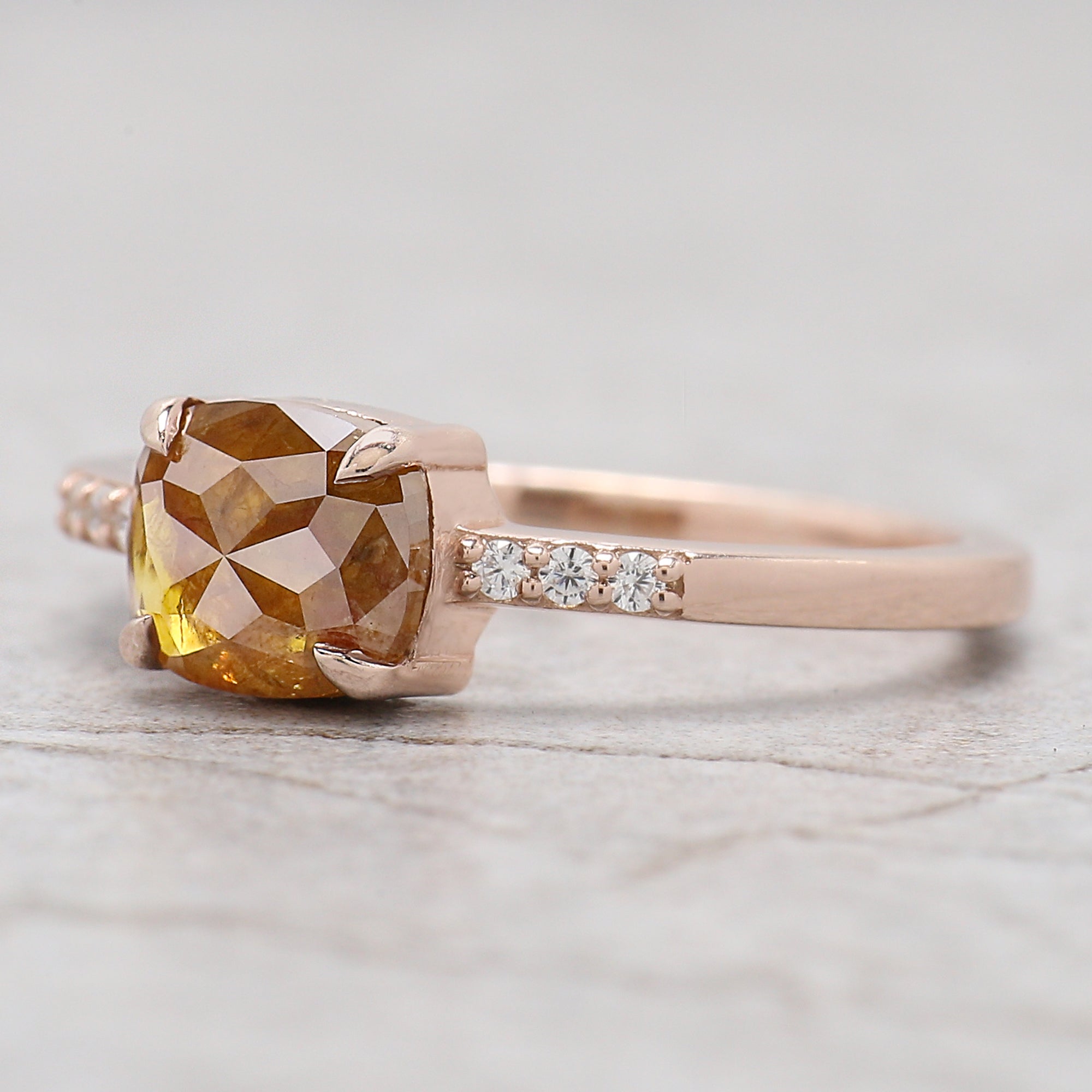 Cushion Yellow Color Diamond Ring 1.39 Ct 6.92 MM Brown Cushion Diamond Ring 14K Solid Rose Gold Silver Engagement Ring Gift For Her QL2885
