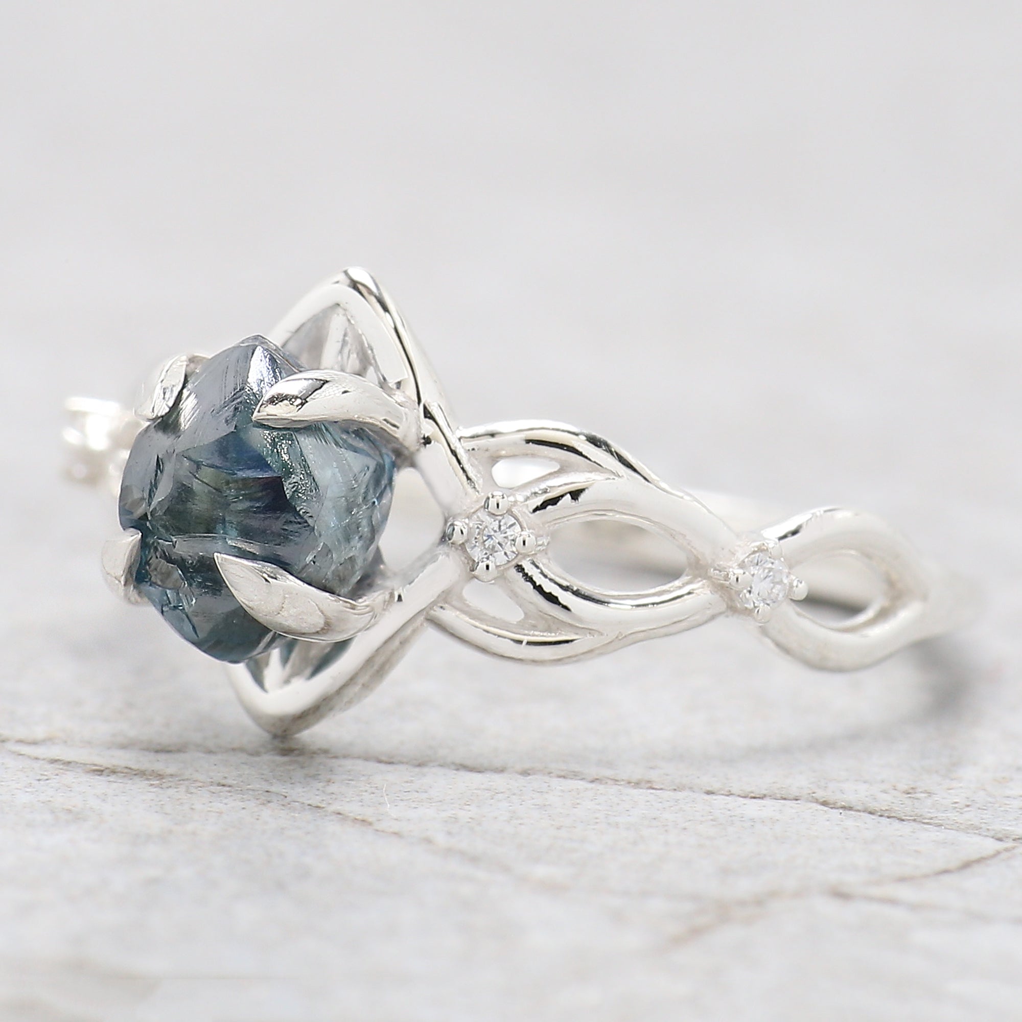 Rough Blue Color Diamond Ring 1.48 Ct 6.99 MM Crystal Rough Diamond Ring 14K Solid White Gold Silver Engagement Ring Gift For Her QL2357