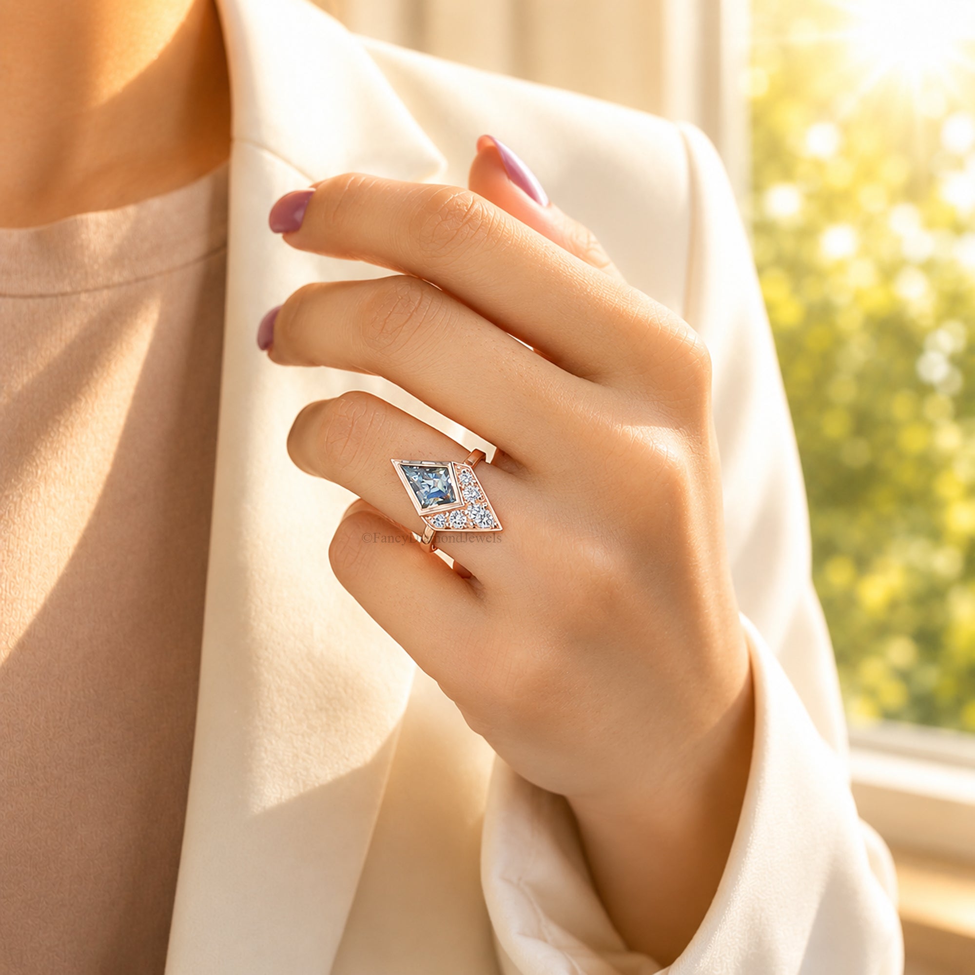 Gray Color Art Deco Ring Bezel Set Moissanite Bridal Ring Kite Shape Rose Gold Engagement Ring Gray Color Diamond Wedding Ring For Her FD576