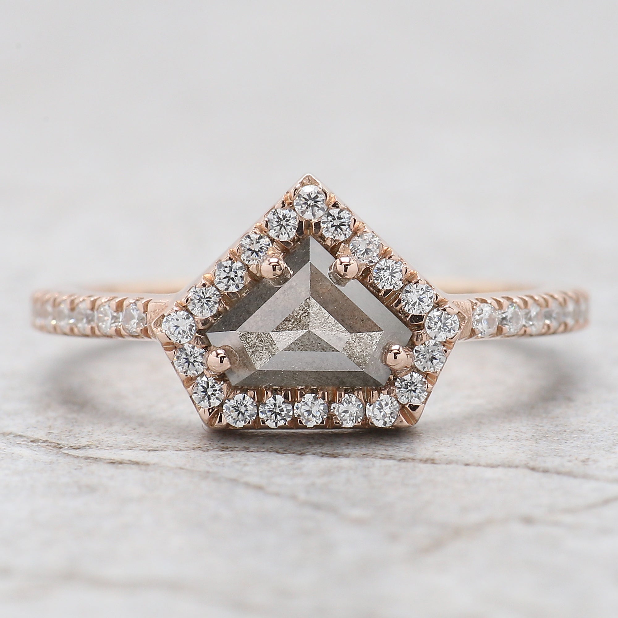Shield Cut Salt And Pepper Diamond Ring 0.87 Ct 5.39 MM Shield Diamond Ring 14K Solid Rose Gold Silver Engagement Ring Gift For Her QL1942