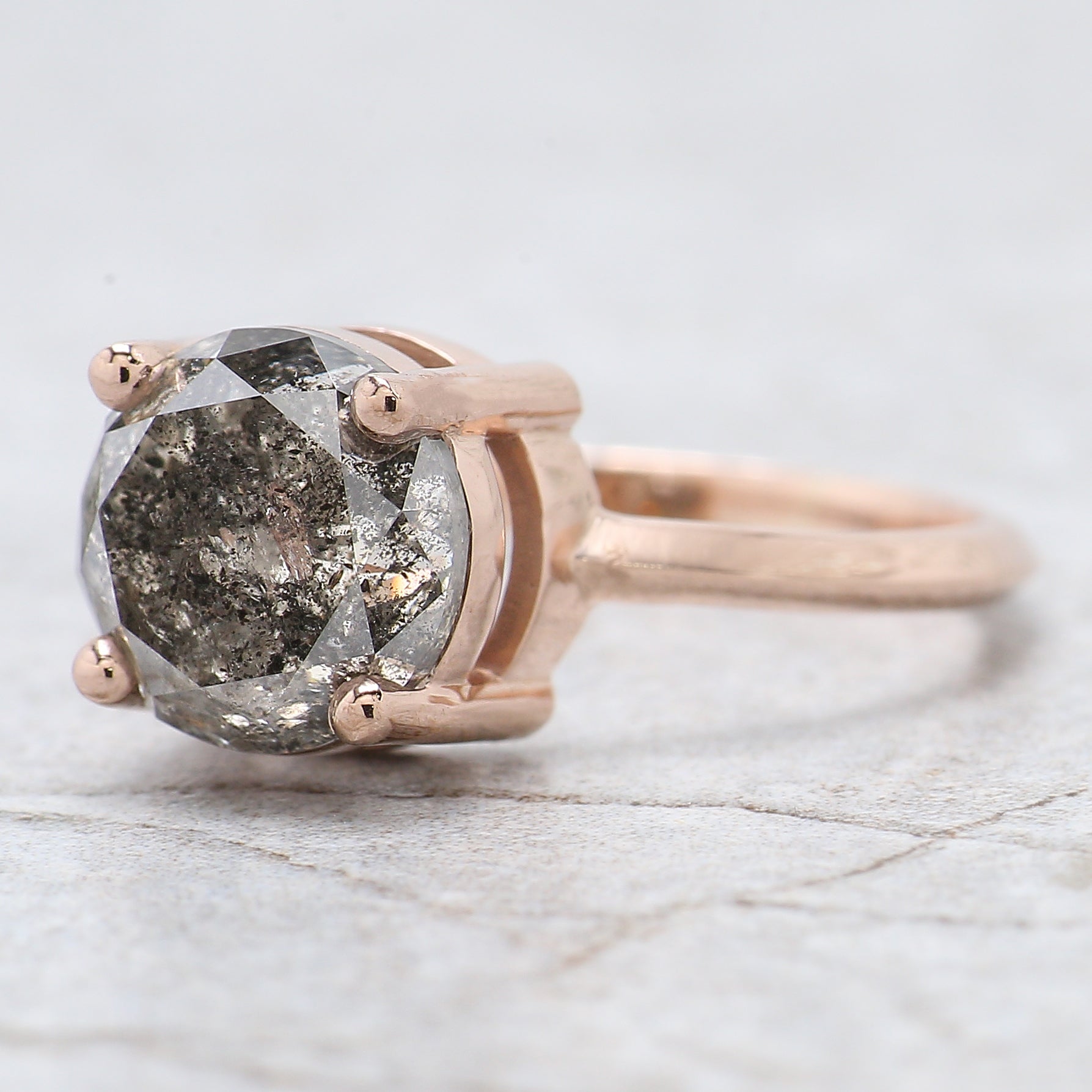 Round Cut Salt And Pepper Diamond Ring 3.37 Ct 8.77 MM Round Diamond Ring 14K Solid Rose Gold Silver Engagement Ring Gift For Her QL2303