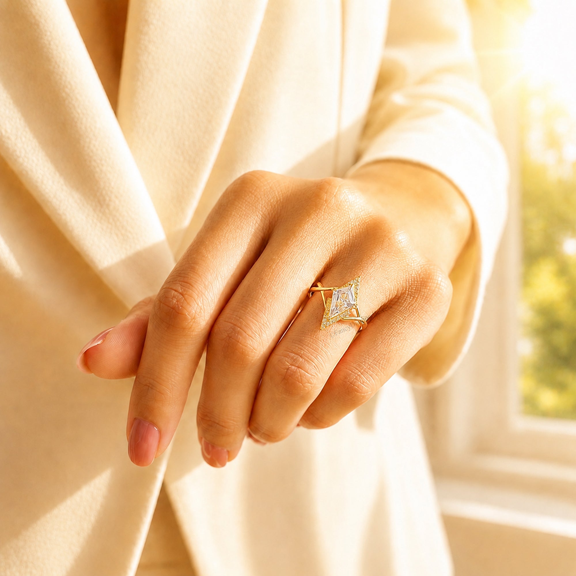 Kite Shape Moissanite Ring, Geometric 14K Gold Engagement Ring, Modern Statement Jewelry, Lab Created Diamond, Unique Bridal Gift FD581