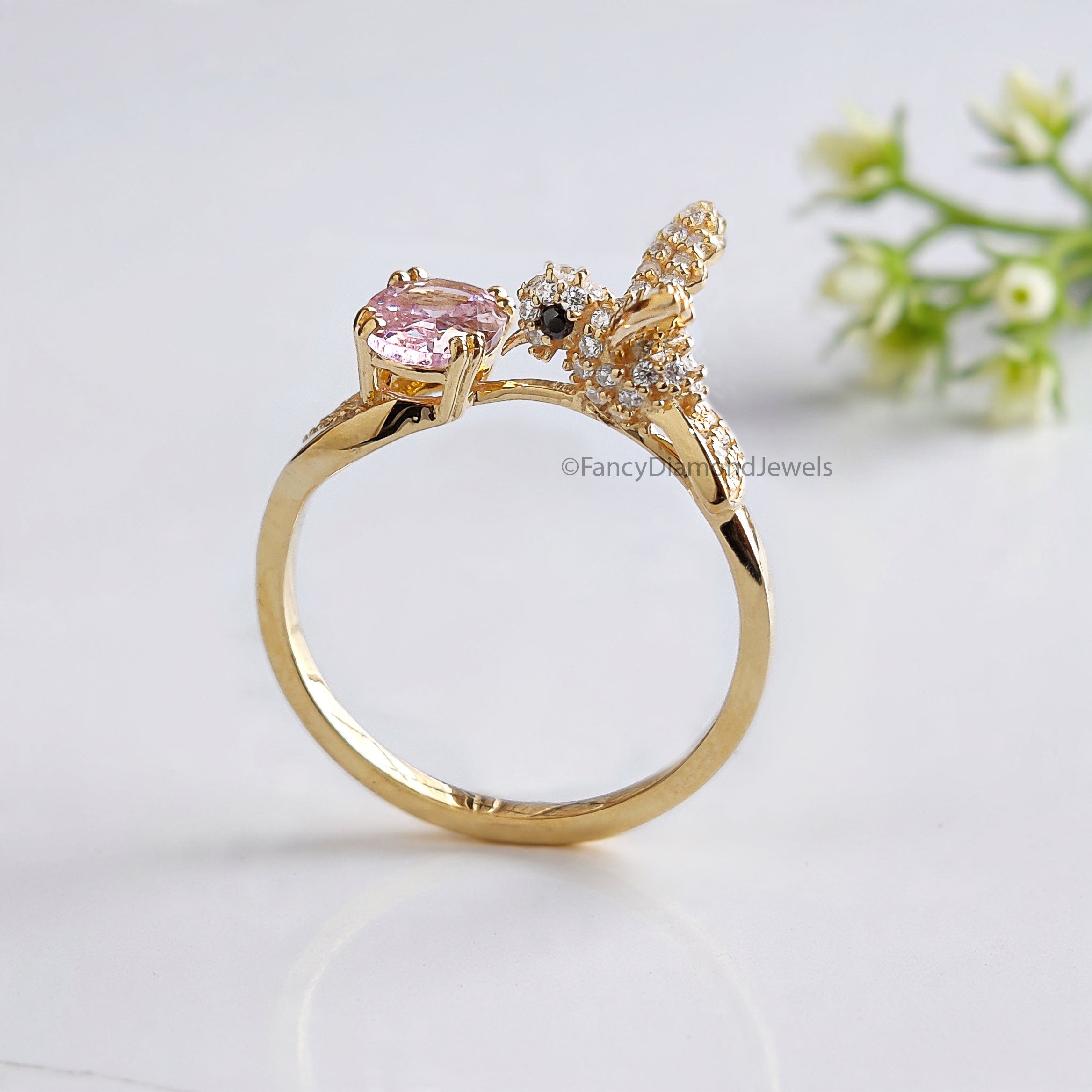 Oval Diamond Bird Ring Simulated Diamond Engagement Ring Yellow Plated Ring Anniversary Ring Simulant Pink Oval ring Gift For Her FD532