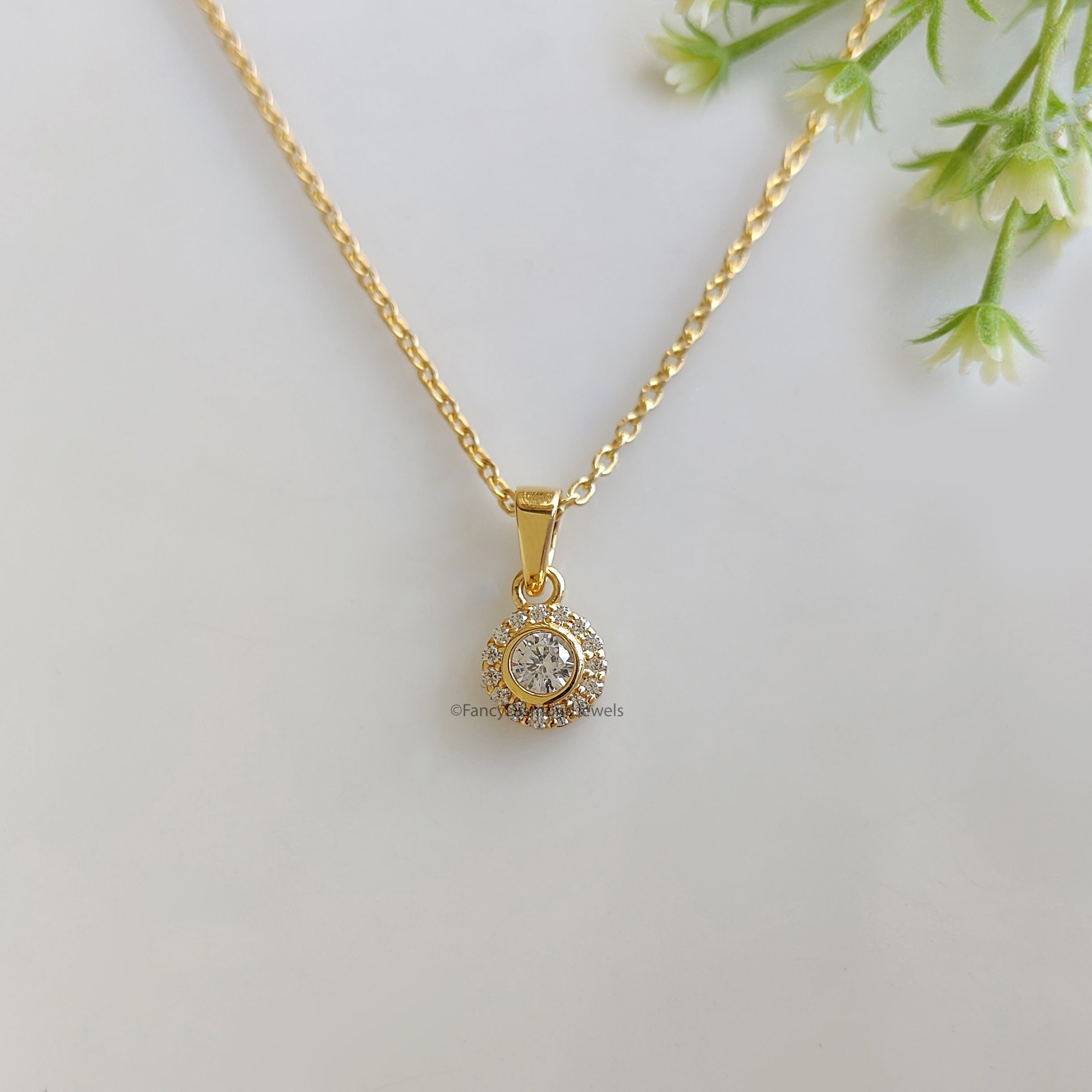 Round Brilliant Cut Moissanite Diamond Pendant, Unique Diamond Pendant, Halo With Bezel Setting Pendant, Dangling Diamond Pendant KD1004