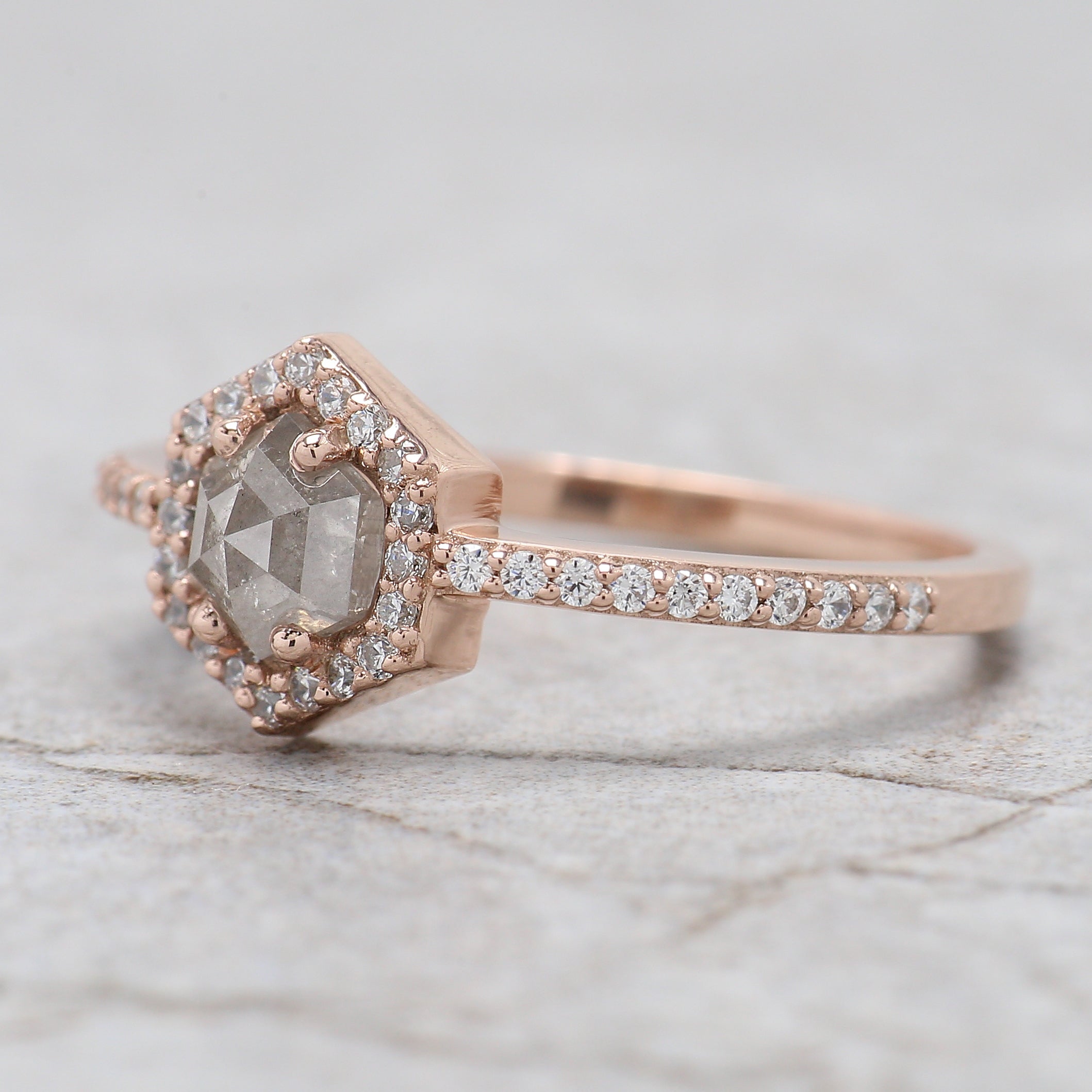 Hexagon Cut Salt And Pepper Diamond Ring 0.57 Ct 5.20 MM Hexagon Diamond Ring 14K Solid Rose Gold Silver Engagement Ring Gift For Her QL7965
