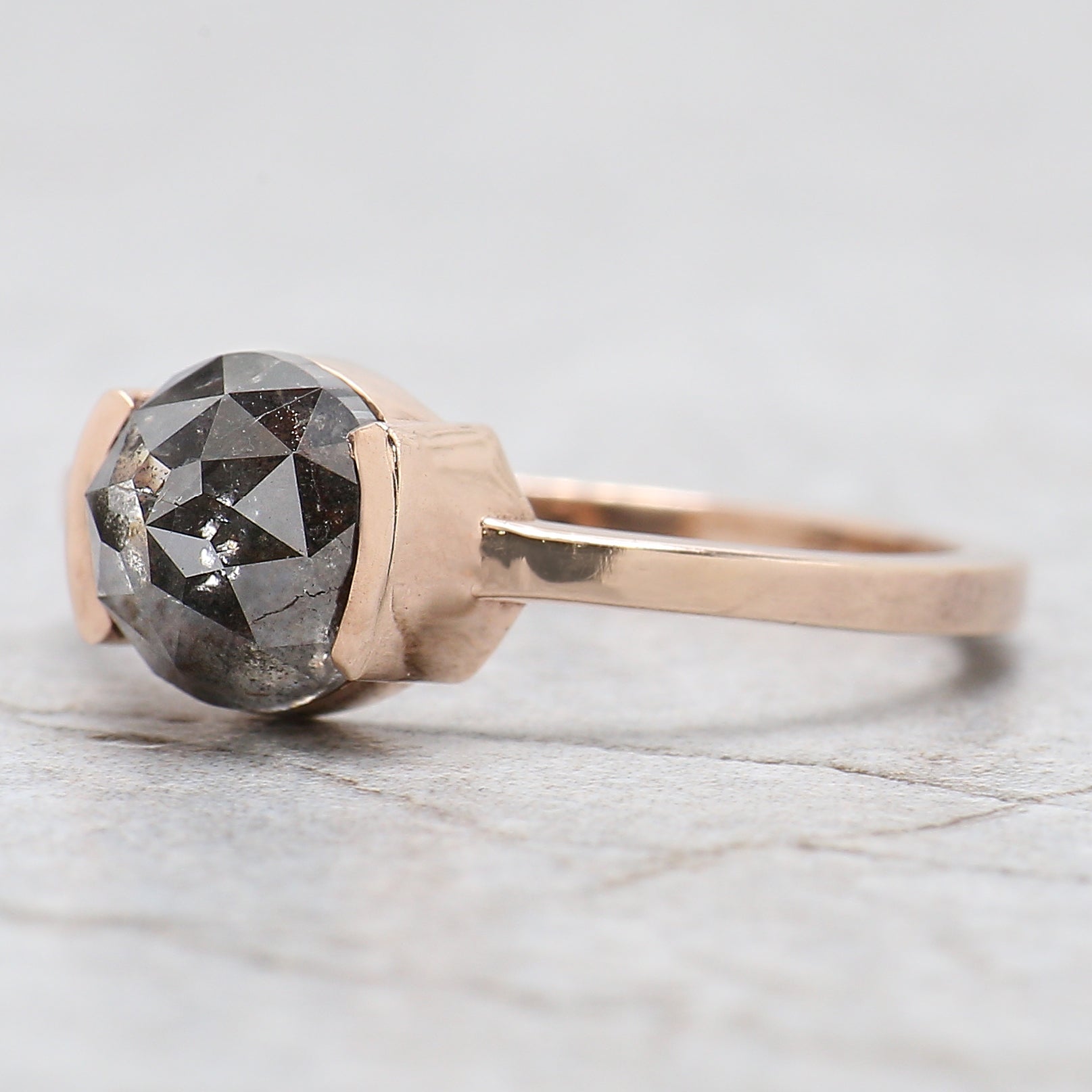 Round Rose Cut Salt And Pepper Diamond Ring 2.00 Ct 7.20 MM Round Cut Diamond Ring 14K Rose Gold Silver Engagement Ring Gift For Her QL674