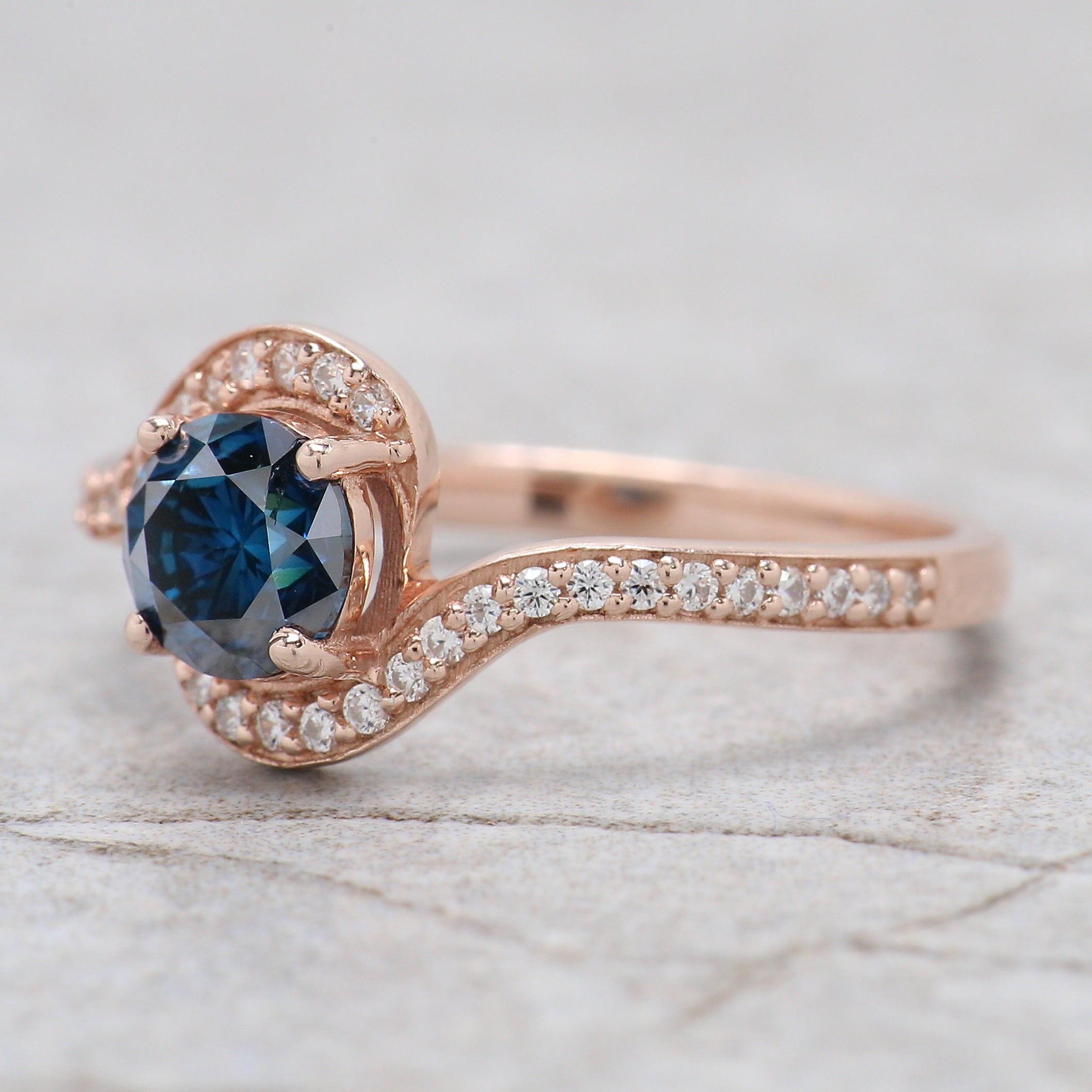 Round Cut Blue Color Diamond Ring 0.70 Ct 5.38 MM Round Shape Diamond Ring 14K Rose Gold Silver Round Engagement Ring Gift For Her QL2043