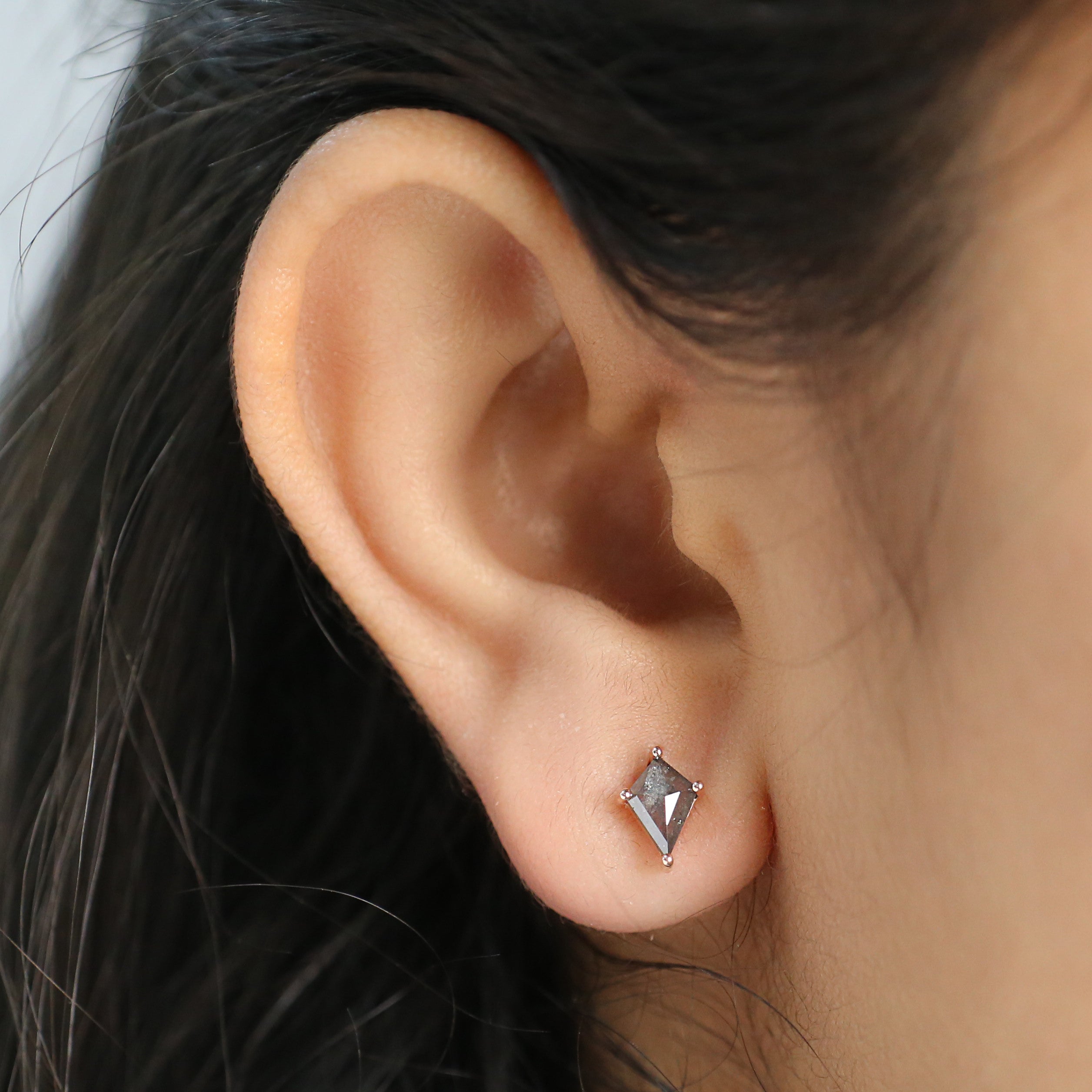 Kite Cut Salt And Pepper Diamond Earring 1.18 Ct 7.70 MM Kite Shape Diamond Earring 14K Solid Rose Gold Silver Earring Gift For Her KDL3438