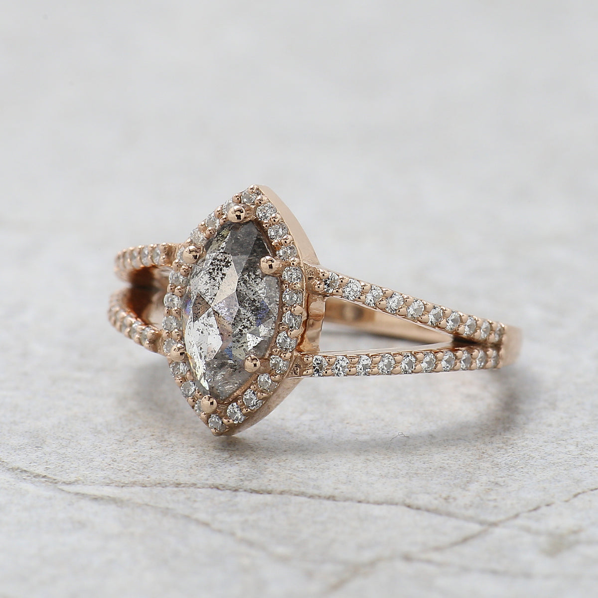 Marquise Salt and Pepper Diamond Engagement Ring, 14K Rose Gold Ring, Unique Geometric Diamond Ring, Minimalist Fine Jewelry Gift KDL3686