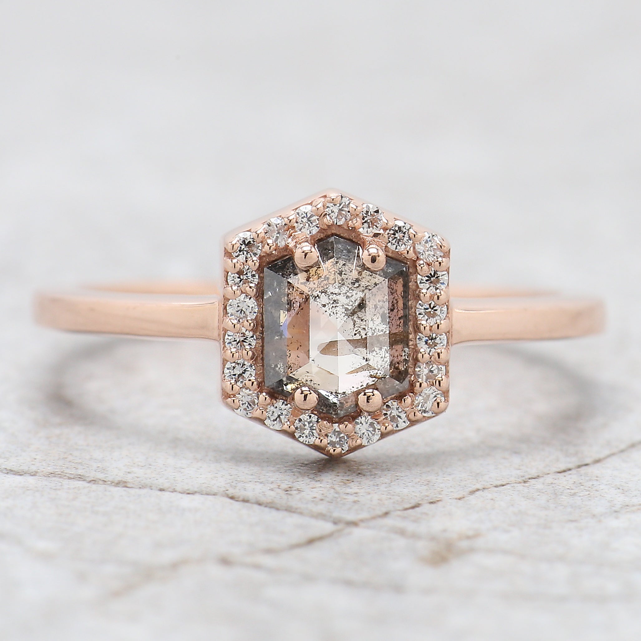 0.64 Ct Natural Hexagon Salt And Pepper Diamond Ring 6.00 MM Hexagon Shape Diamond Ring 14K Solid Rose Gold Silver Engagement Ring QN1439