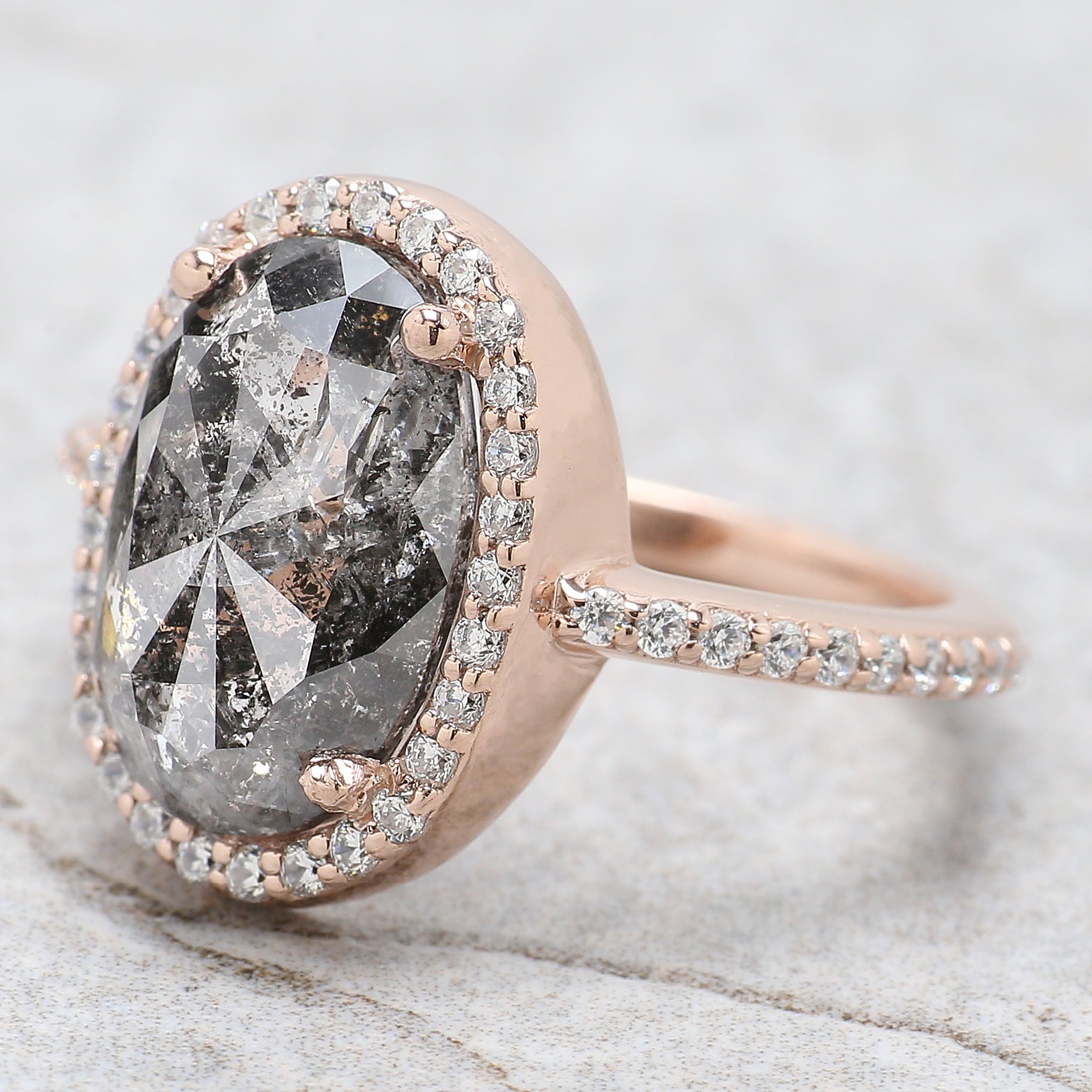 Oval Cut Salt And Pepper Diamond Ring 4.30 Ct 12.72 MM Oval Diamond Ring 14K Solid Rose Gold Silver Engagement Ring Gift For Her KDL2429
