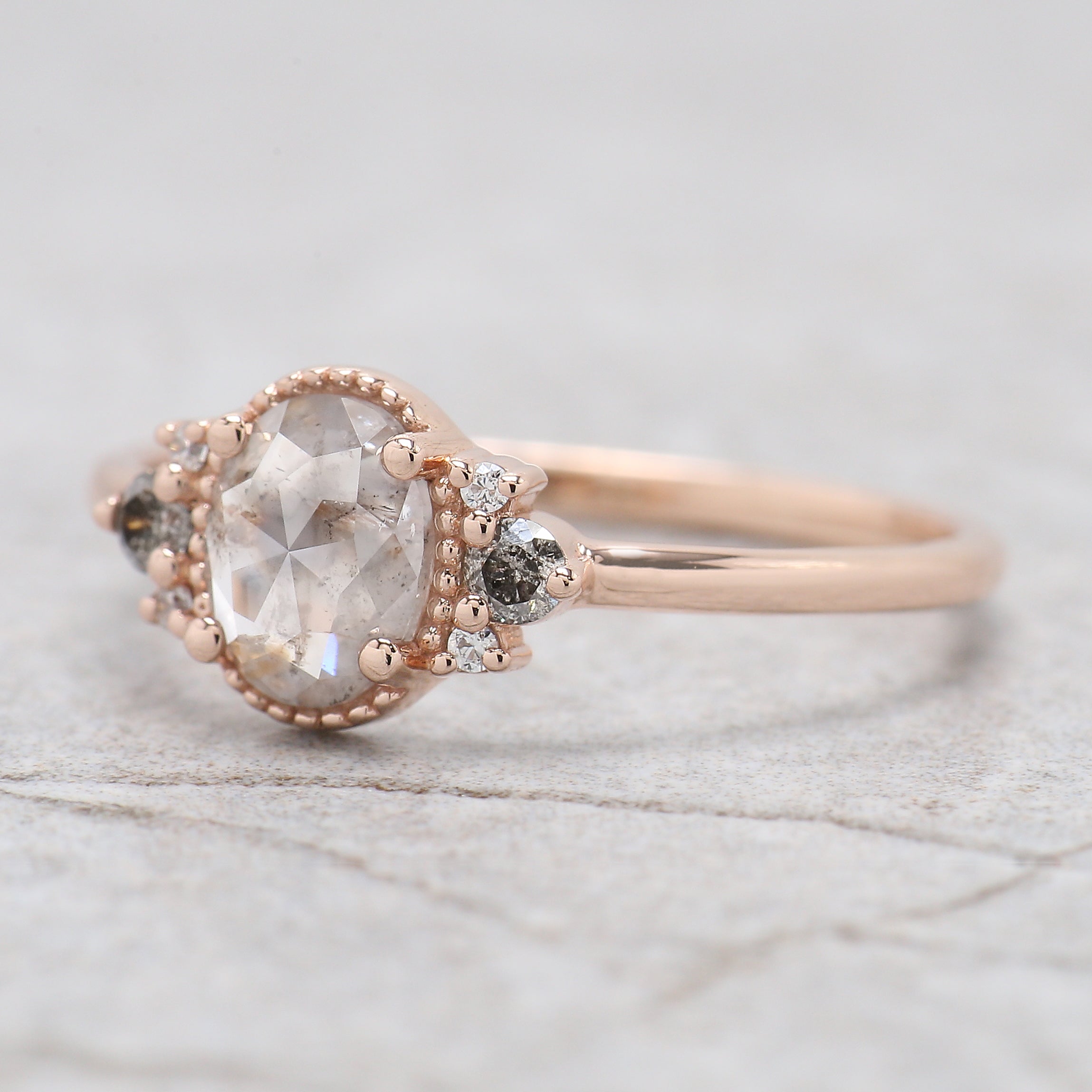 Oval Cut Salt And Pepper Diamond Ring 0.68 Ct 6.27 MM Oval Diamond Ring 14K Solid Rose Gold Silver Oval Engagement Ring Gift For Her QN2185