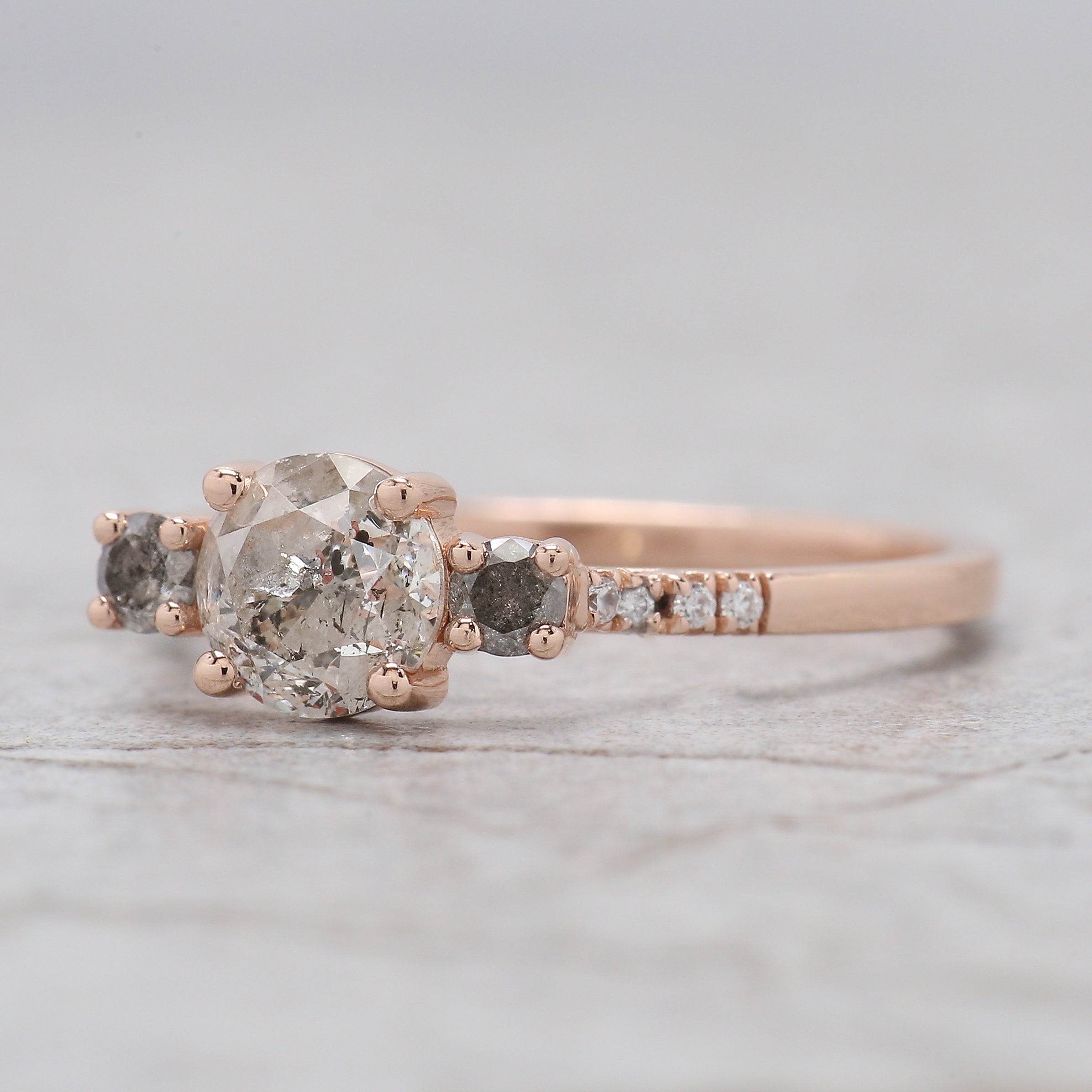 Round Cut Salt And Pepper Diamond Ring 0.83 Ct 5.64 MM Round Diamond Ring 14K Solid Rose Gold Silver Engagement Ring Gift For Her QN2184