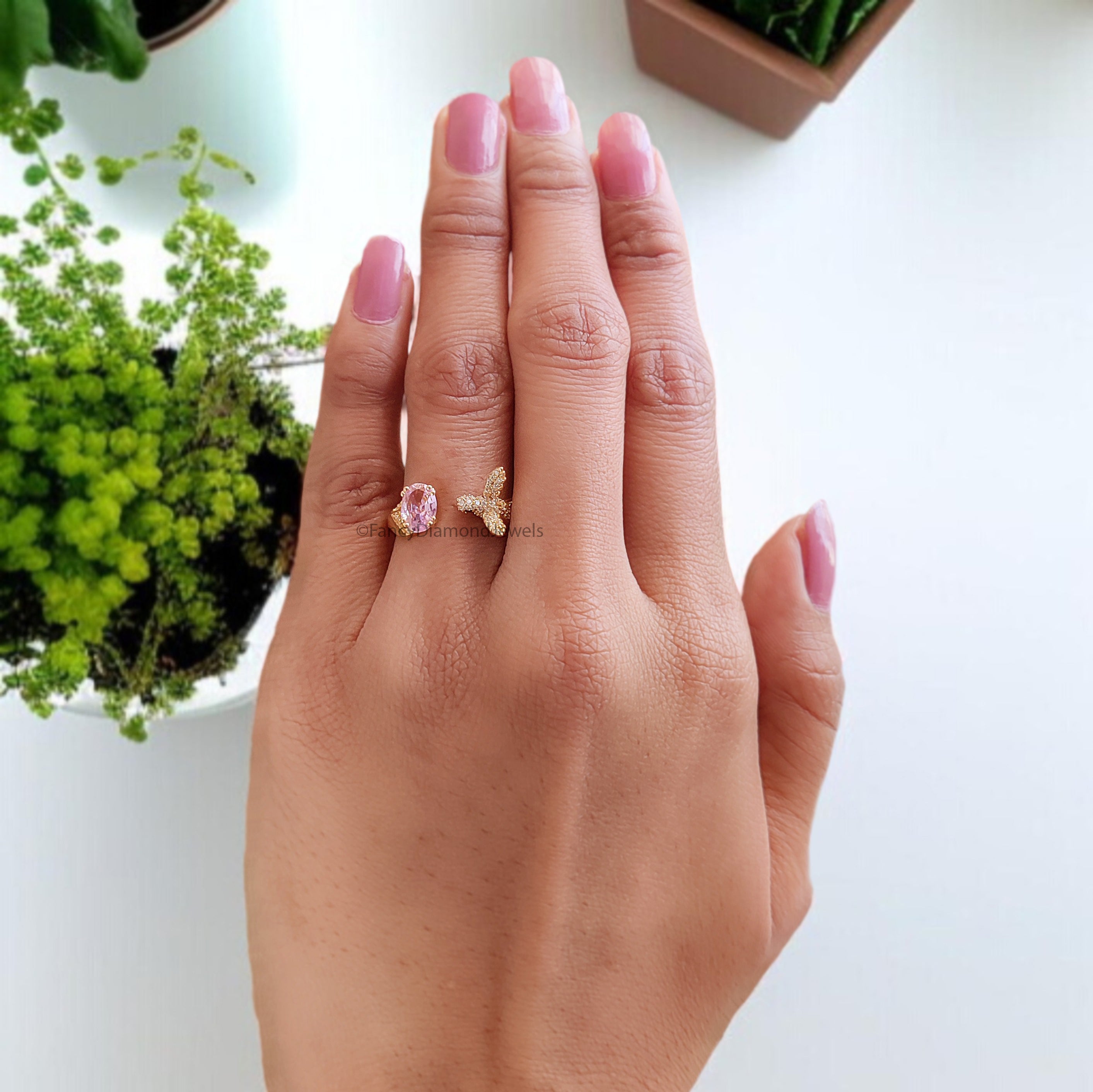 Oval Diamond Bird Ring Simulated Diamond Engagement Ring Yellow Plated Ring Anniversary Ring Simulant Pink Oval ring Gift For Her FD532