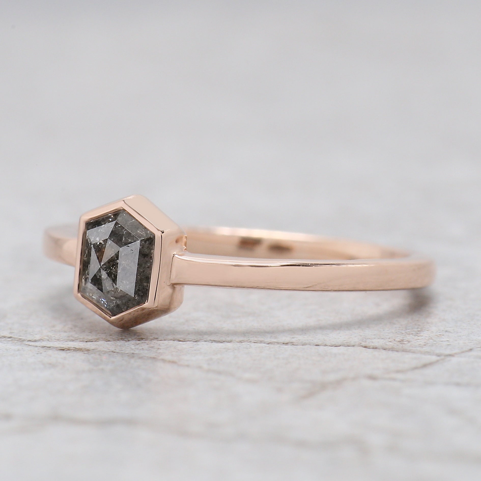 Hexagon Cut Salt And Pepper Diamond Ring 0.76 Ct 5.96 MM Hexagon Diamond Ring 14K Solid Rose Gold Silver Engagement Ring Gift For Her QN2187