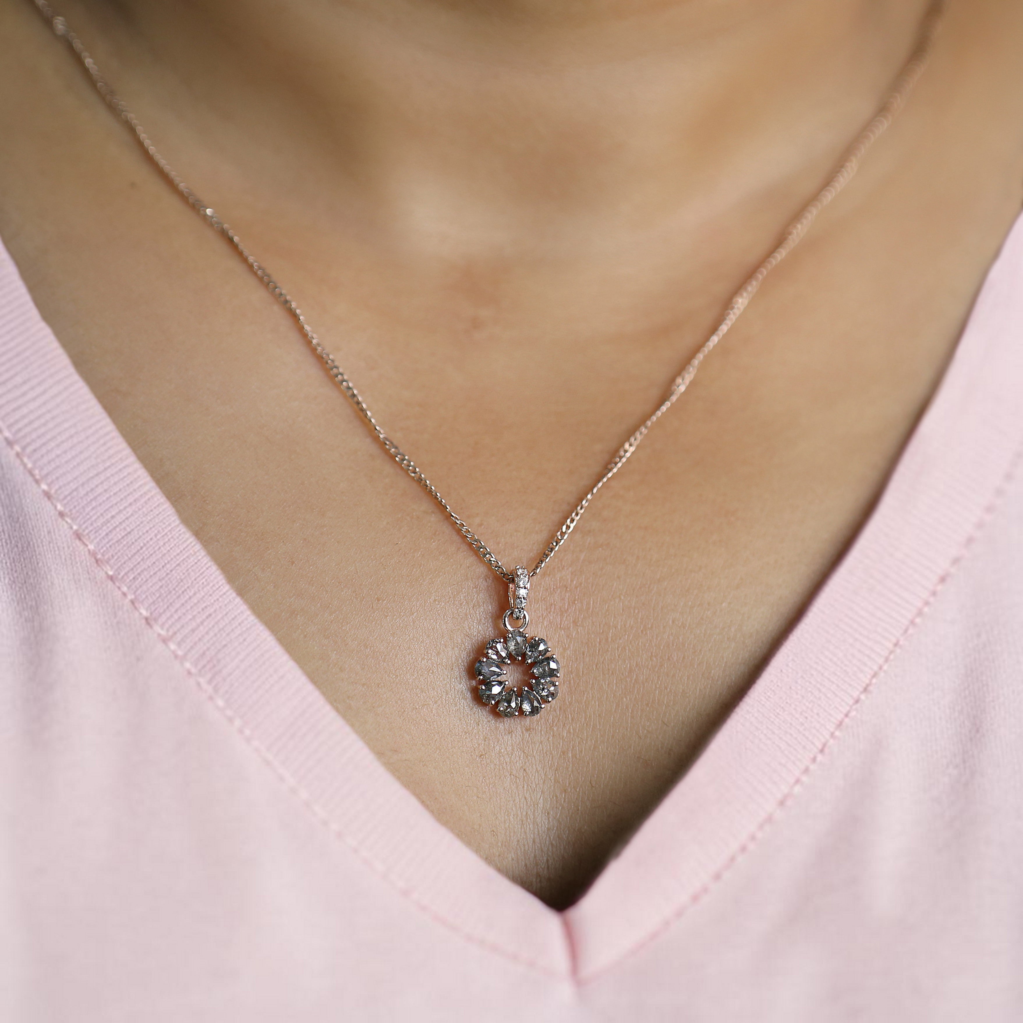 Pear Shape Salt and Pepper Diamond Pendant 0.49 Ct, 14K Solid Rose Gold Necklace, Rustic Diamond Engagement Pendant, Gift for Her KD1199