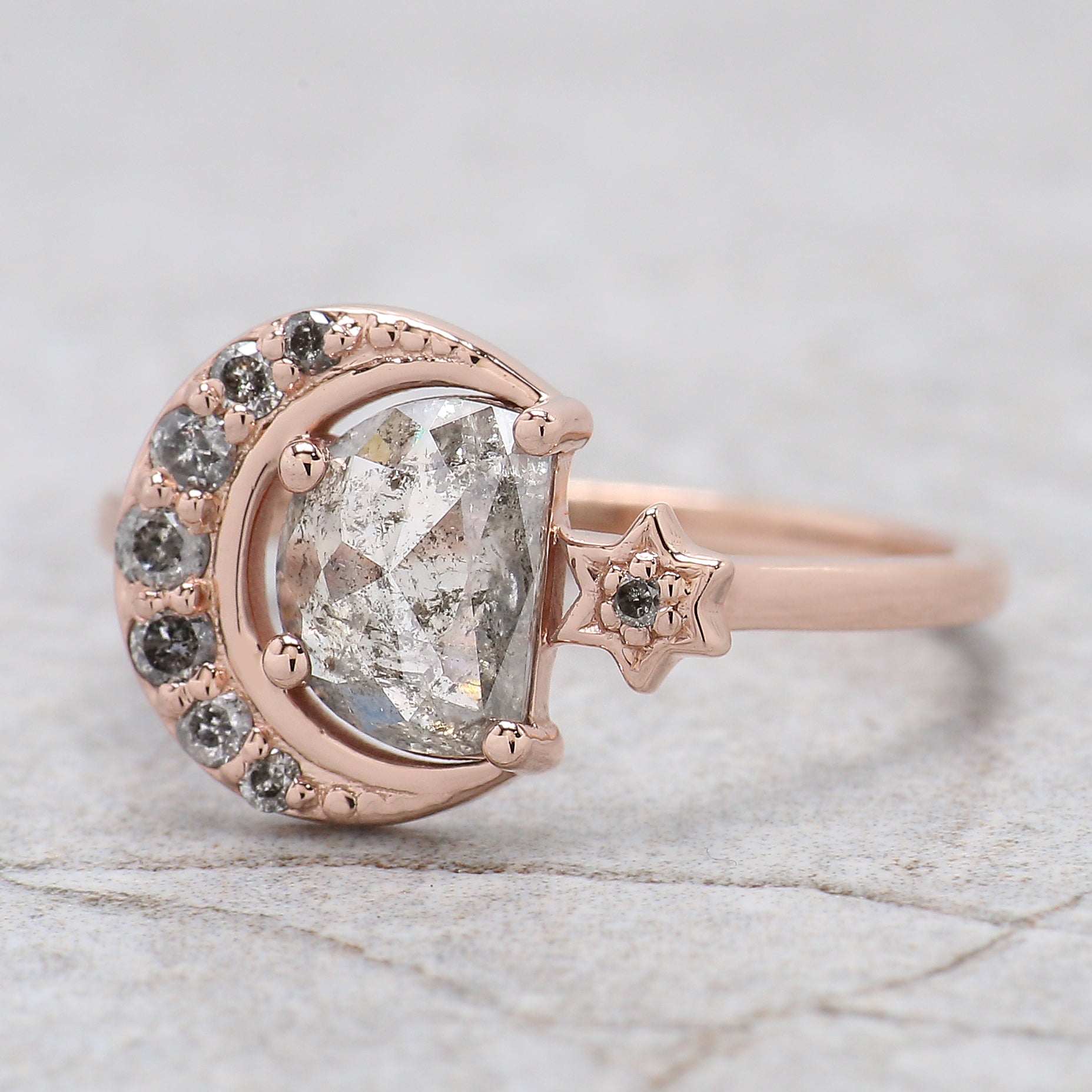 Half Moon Salt And Pepper Diamond Ring 0.94 Ct 7.30 MM Half Moon Diamond Ring 14K Solid Rose Gold Silver Engagement Ring Gift For Her QN725