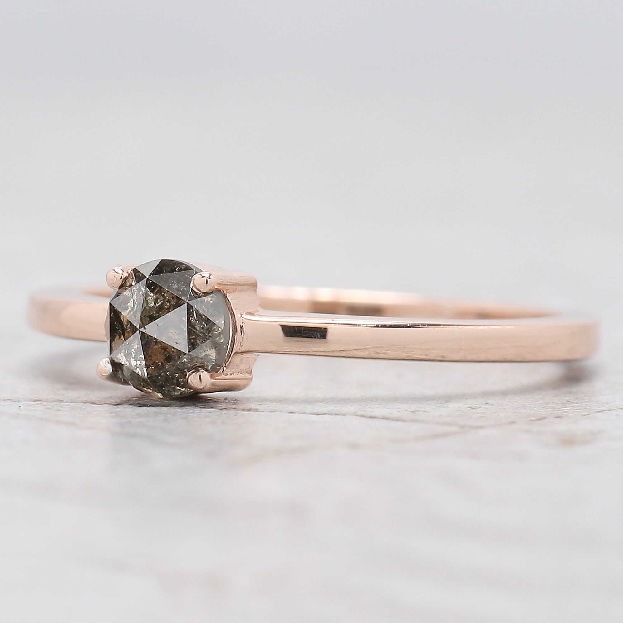 Round Rose Cut Salt And Pepper Diamond Ring 0.53 Ct 4.60 MM Round Shape Diamond Ring 14K Rose Gold Silver Engagement Ring Gift For Her QL7404