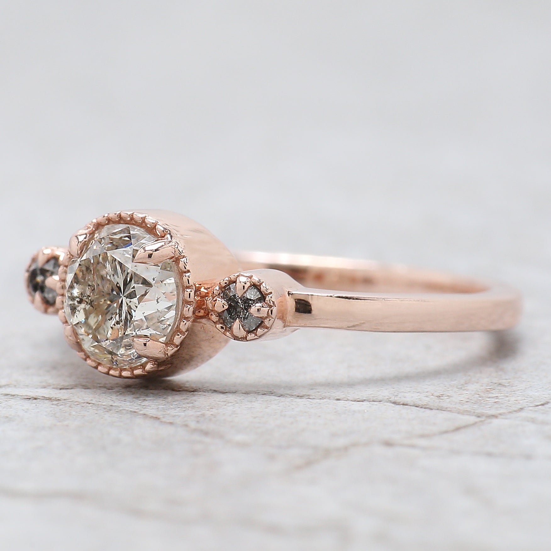 Round Cut Salt And Pepper Diamond Ring 0.90 Ct 5.79 MM Round Diamond Ring 14K Solid Rose Gold Silver Engagement Ring Gift For Her QL2655
