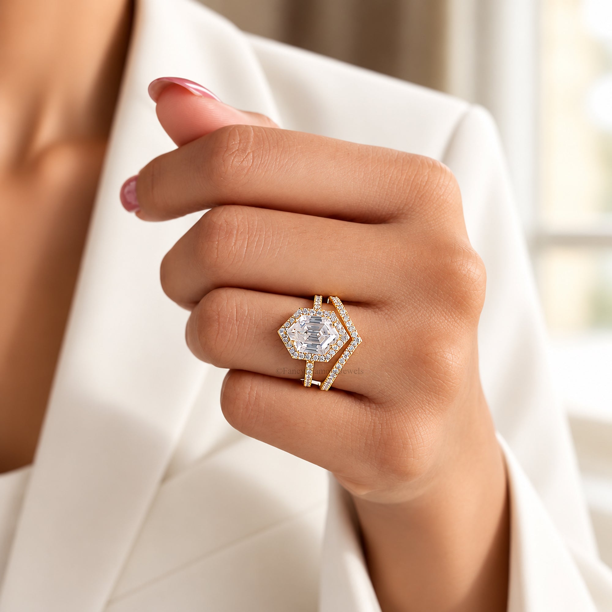 2.35 CT Hexagon Cut Engagement Ring set in Solid Yellow 10K/14k/18k Gold Hexagon Cut Solitaire Engagement Ring Bridal Wedding Ring Set FD605